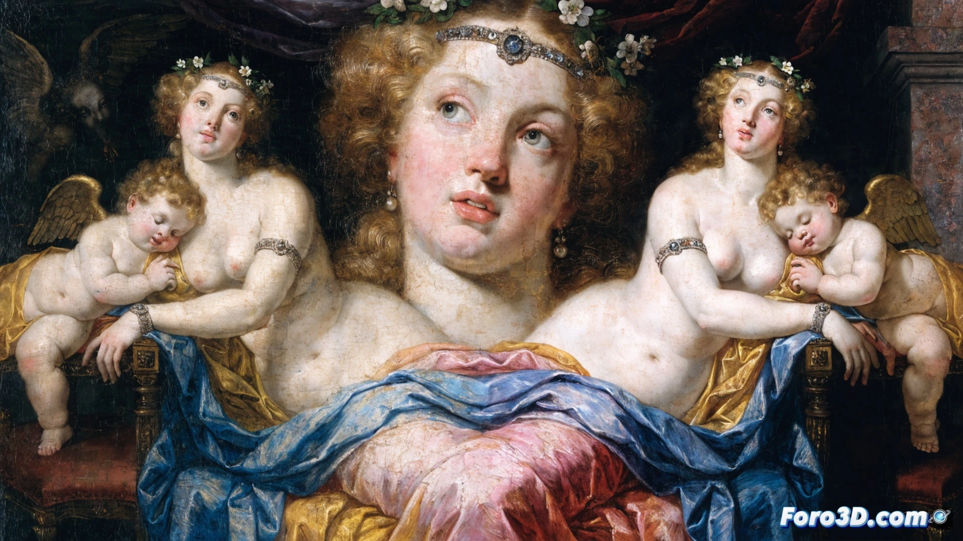 Restauración de cuadro barroco, capa de barniz amarillento desprendiéndose de la tela, revelando piel rosada de Venus y cielo azul intenso, lupa digital y pantalla táctil interactiva junto al lienzo, luz de museo iluminando el proceso de limpieza química, pinceles y solventes sobre mesa de trabajo, detalle de pincelada original de Rubens emergiendo, estilo cinematográfico hiperrealista, iluminación dramática de galería, textura de óleo antiguo y craquelado visible, atmósfera de descubrimiento científico-artístico.