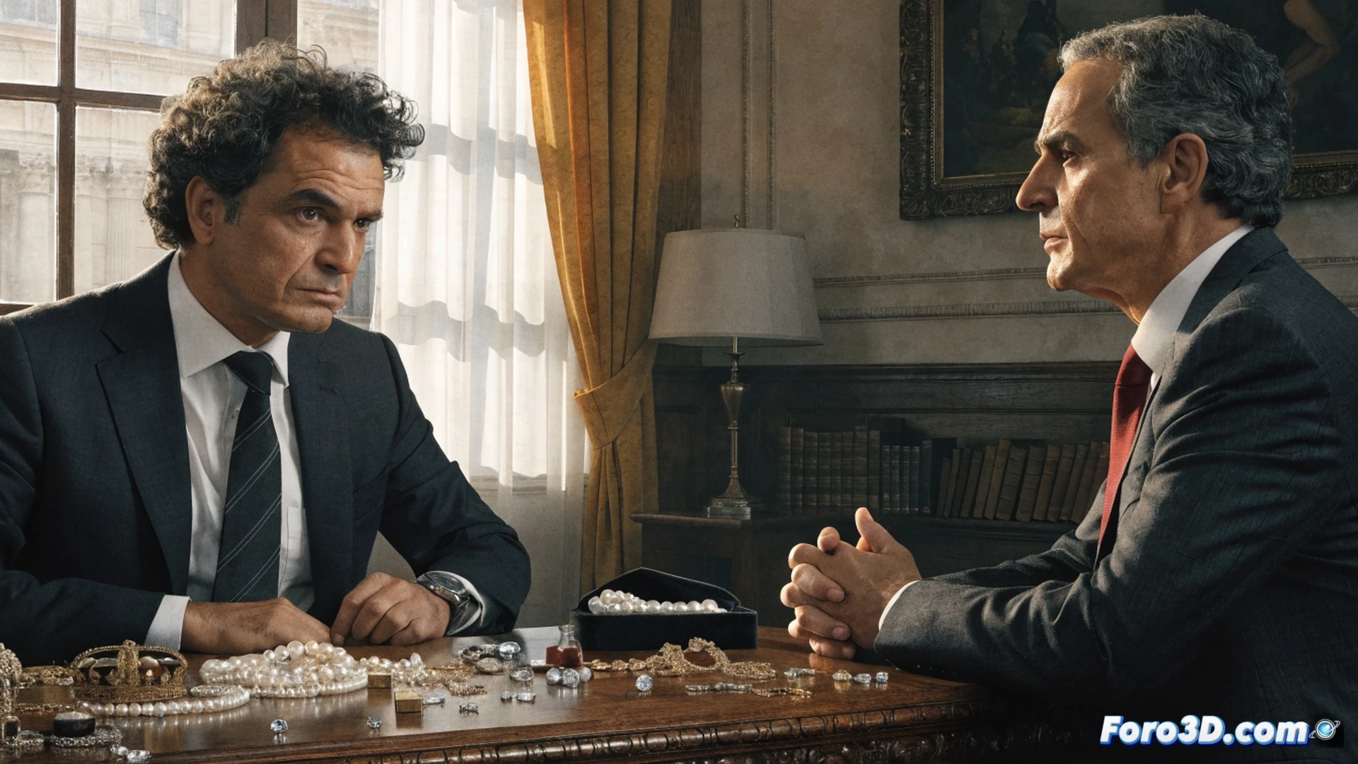 político señalando con el dedo a un expresidente sentado tras un escritorio de madera noble, joyas brillantes sobre la mesa, cámara de televisión enfocando la escena, micrófonos de prensa en primer plano, fondo de despacho oficial con banderas y estanterías, iluminación dramática de plató, estilo fotorealista cinematográfico, acción de interrogatorio político, tensión visible en expresiones faciales, detalles técnicos del equipo de grabación, atmósfera de debate parlamentario, alto contraste, sombras marcadas, textura de traje y corbata