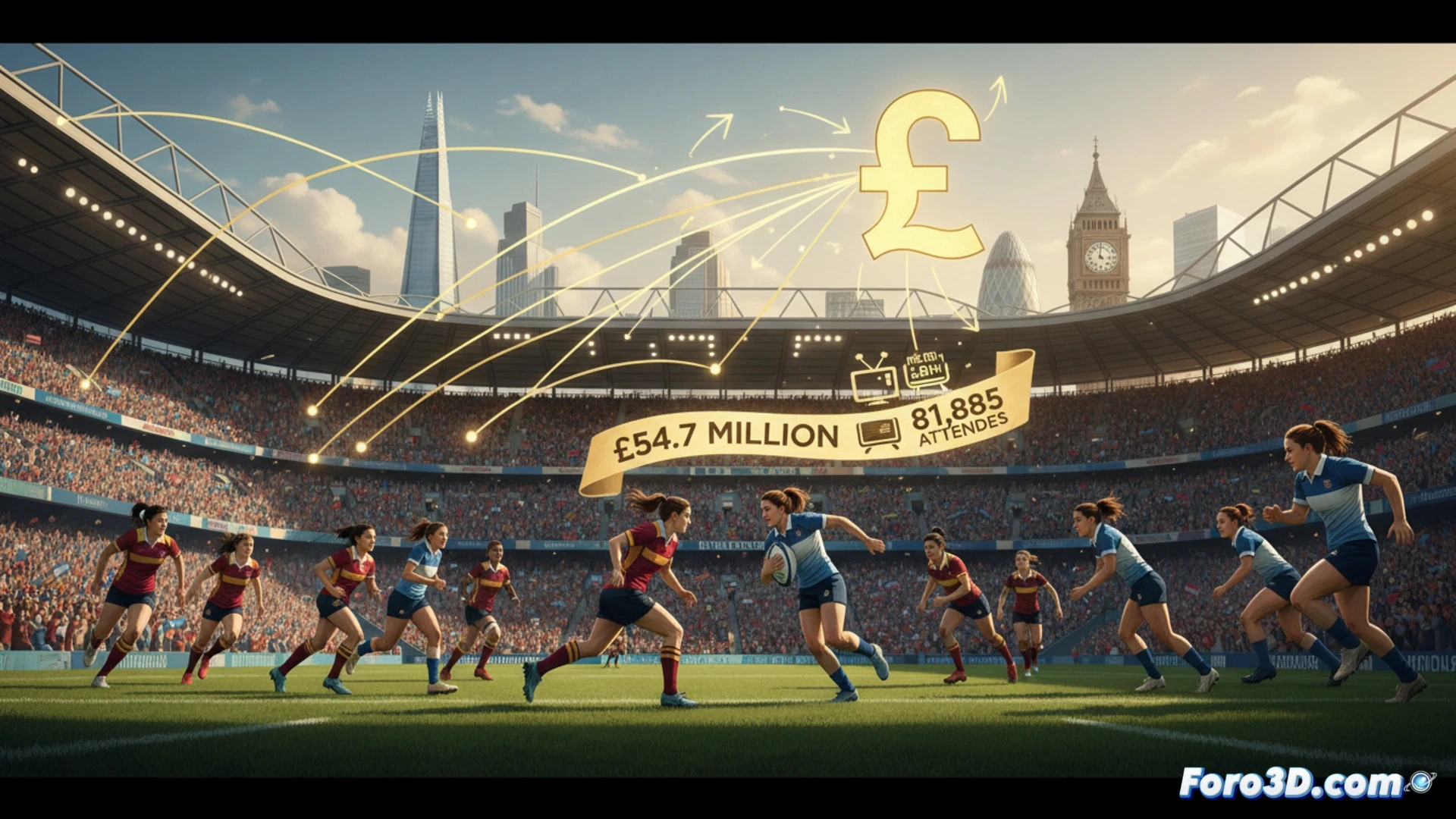 Estadio Twickenham lleno durante final de rugby femenino, jugadora en acción saltando para atrapar pelota ovalada, gráficos de barras financieras superpuestos mostrando crecimiento económico, pantallas LED con estadísticas de audiencia televisiva de 5.8 millones, flujo de efectivo digital brillante rodeando el campo, público vitoreando con bufandas y banderas, iluminación nocturna dramática con focos de estadio, estilo cinematográfico fotorrealista, textura de césped detallada, gradas con asistentes animados, visualización técnica de impacto económico, colores vibrantes rojo y azul, ángulo amplio desde tribuna superior, movimiento congelado de jugadora en el aire, sin texto ni números visibles