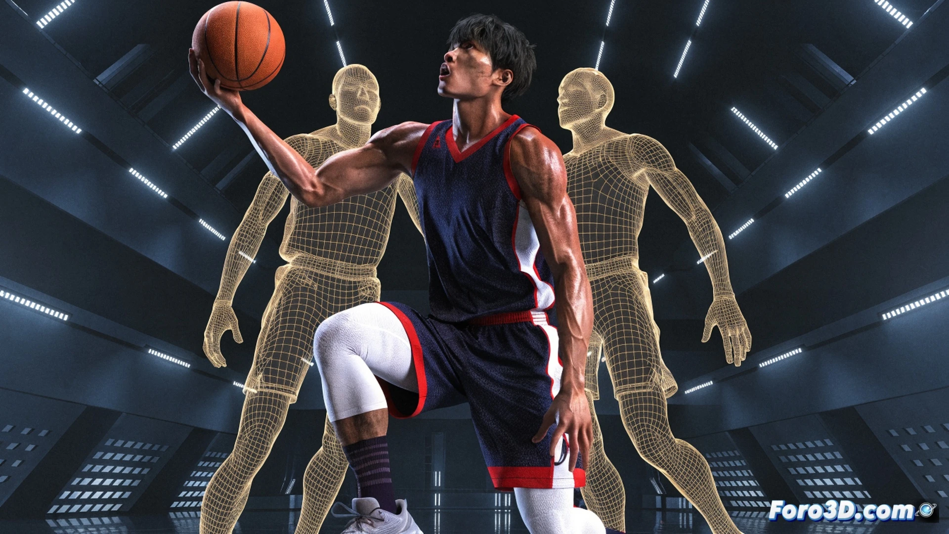 Rui Hachimura mid-range jump shot release, 3D skeletal overlay showing 2.18 meter wingspan extension, dense muscular torso twisting during post-up pivot, basketball leaving fingertips with spin trajectory lines, defensive player lunging forward off-balance, Lakers gold jersey number 28 visible, motion capture markers on joints and shoulders, biomechanical analysis interface with wireframe body scan, glowing orange muscle activation map on left leg drive, cinematic technical illustration, dark gym background with rim light, photorealistic engineering visualization, subtle depth of field on court floor