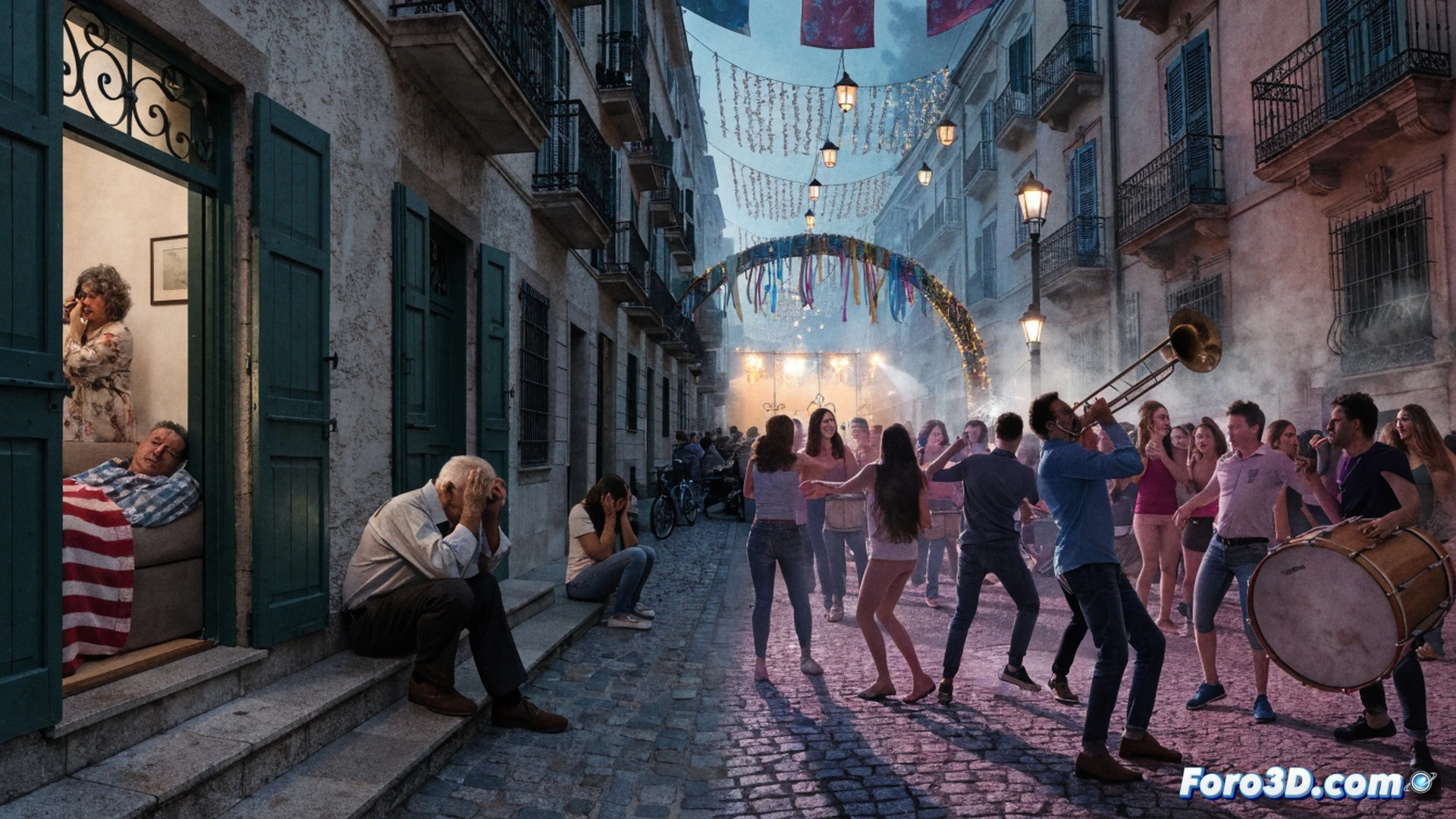 Fachada de un edificio residencial con ventanas abiertas durante una fiesta callejera nocturna, altavoces metálicos emitiendo ondas de sonido visibles en naranja, un vecino en pijama sosteniendo un medidor de decibelios digital mostrando 85 dB, mientras dos organizadores ajustan un ecualizador portátil sobre una mesa, luces de colores parpadeando, multitud bailando al fondo, árbol decorado con guirnaldas, estilo cinematográfico fotorrealista, iluminación dramática contrastando sombras azules y destellos cálidos, texturas detalladas de ladrillo y asfalto húmedo.