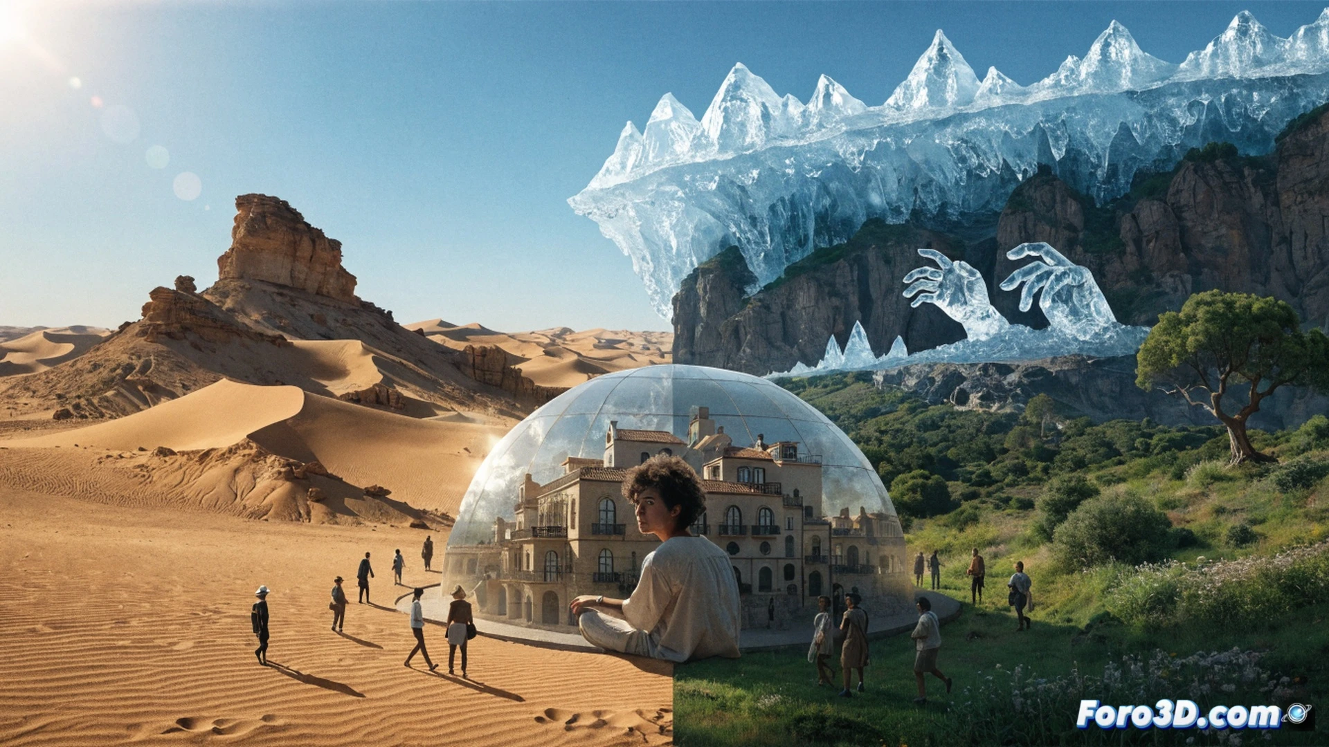 Mediterranean coastline panorama showing a drought-stricken landscape on one side and fertile green land on the other, a group of diverse young migrants crossing a cracked dry riverbed while EU officials and North African leaders stand together at a conference table under a solar-panel canopy, holographic data screens displaying climate graphs and migration routes, a giant handshake symbol made of water droplets floating above the sea, cinematic photorealistic style, dramatic sunset lighting, contrasting textures of arid soil and irrigated crops, distant rescue boats on the horizon, ultra-detailed environmental visualization