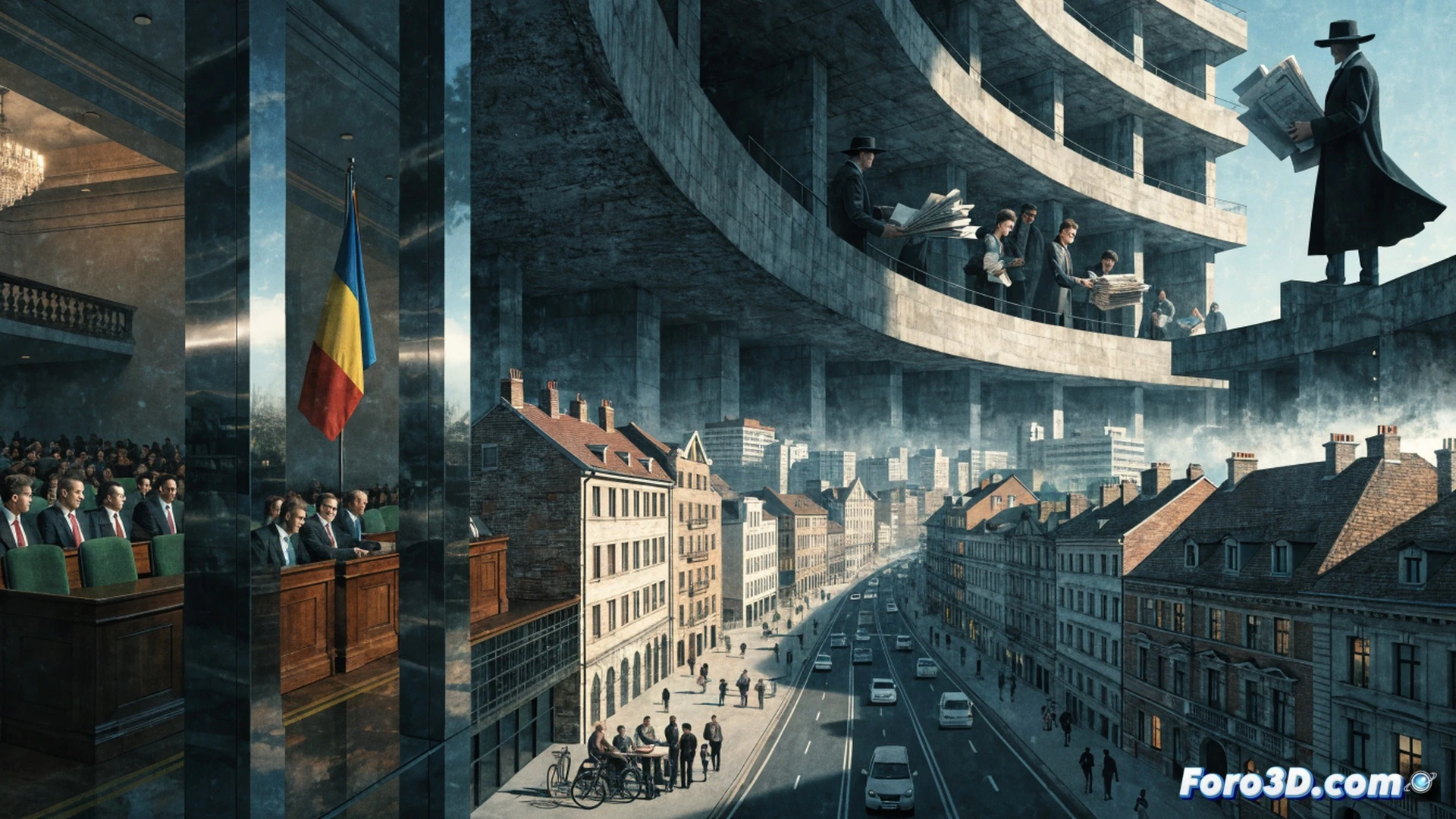 Romanian Parliament chamber interior, empty seats surrounding a single raised hand signing a decree alone, a cracked bronze government seal on the desk, a ticking clock with broken gears above, economic charts on a monitor showing falling lines, a citizen silhouette outside a frosted glass door pressing a hand against it, cinematic photorealistic technical illustration, cold blue institutional lighting, dust particles in the air, shallow depth of field focusing on the signing hand, dramatic shadows across the empty benches, ultra-detailed wood textures and metallic fixtures, tension visible in posture and stillness
