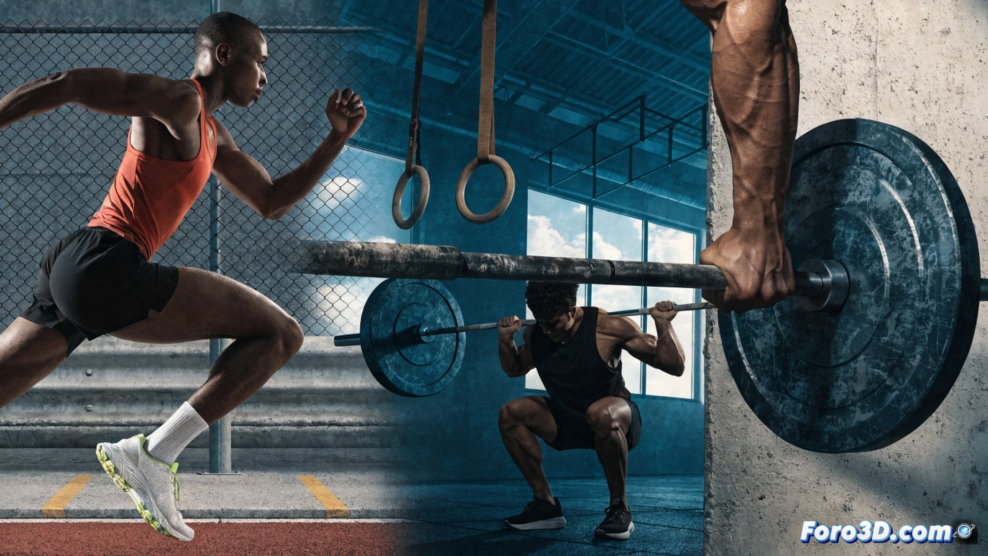athlete mid-stride on a hot asphalt track, performing a kettlebell swing while running, sweat droplets visible, CrossFit box jump platform in background, digital smartwatch displaying heart rate and temperature, Hyrox zone markers on ground, weight plates and resistance bands scattered, cinematic photorealistic style, golden sunset harsh lighting, dynamic motion blur on legs, detailed muscle tension in arms, dust particles suspended in air, technical fitness visualization