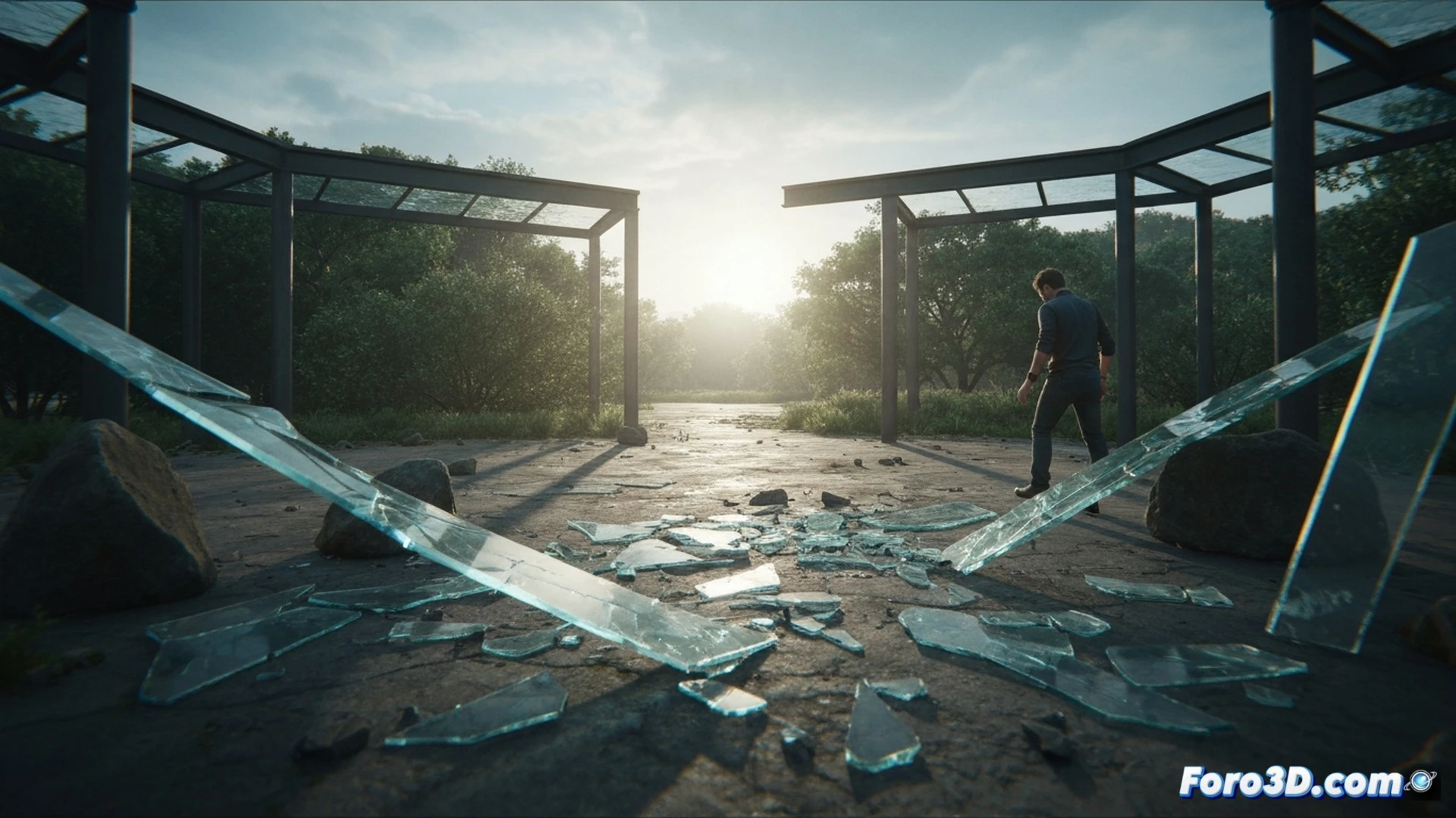 fractured laminated glass puzzle spread across a dark forensic lab table, optical 3D scanner arm moving over shattered fragments while holographic reconstruction displays on monitor, glowing wireframe outlines connecting broken edges, engineer in blue gloves examining a fragment under magnifying lens, technical engineering visualization, metallic toolset beside microscope, precise measurement grid overlay on glass shards, dramatic side lighting casting sharp shadows, photorealistic industrial render, ultra-detailed crack patterns and glass texture