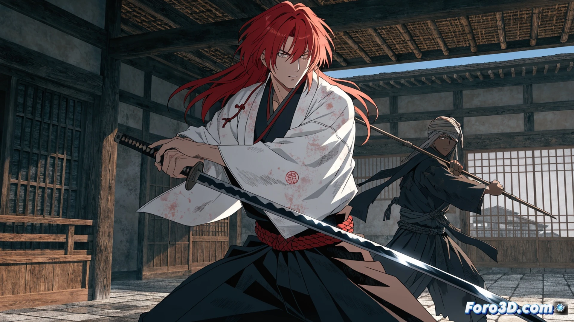 Samurai en movimiento durante la era Meiji, Kenshin Himura con espada de hoja invertida desenvainada en postura de defensa, kimono tradicional ondeando con pliegues detallados, escenario de callejón japonés con faroles de papel y madera, luz de atardecer creando sombras alargadas, polvo levantado por pasos rápidos en suelo de tierra, expresión serena pero alerta, estilo cinematográfico con iluminación dramática, texturas realistas en tela y metal, fondo con arquitectura Meiji de madera y tejas, photorealistic render, alta definición técnica, composición equilibrada mostrando acción contenida.
