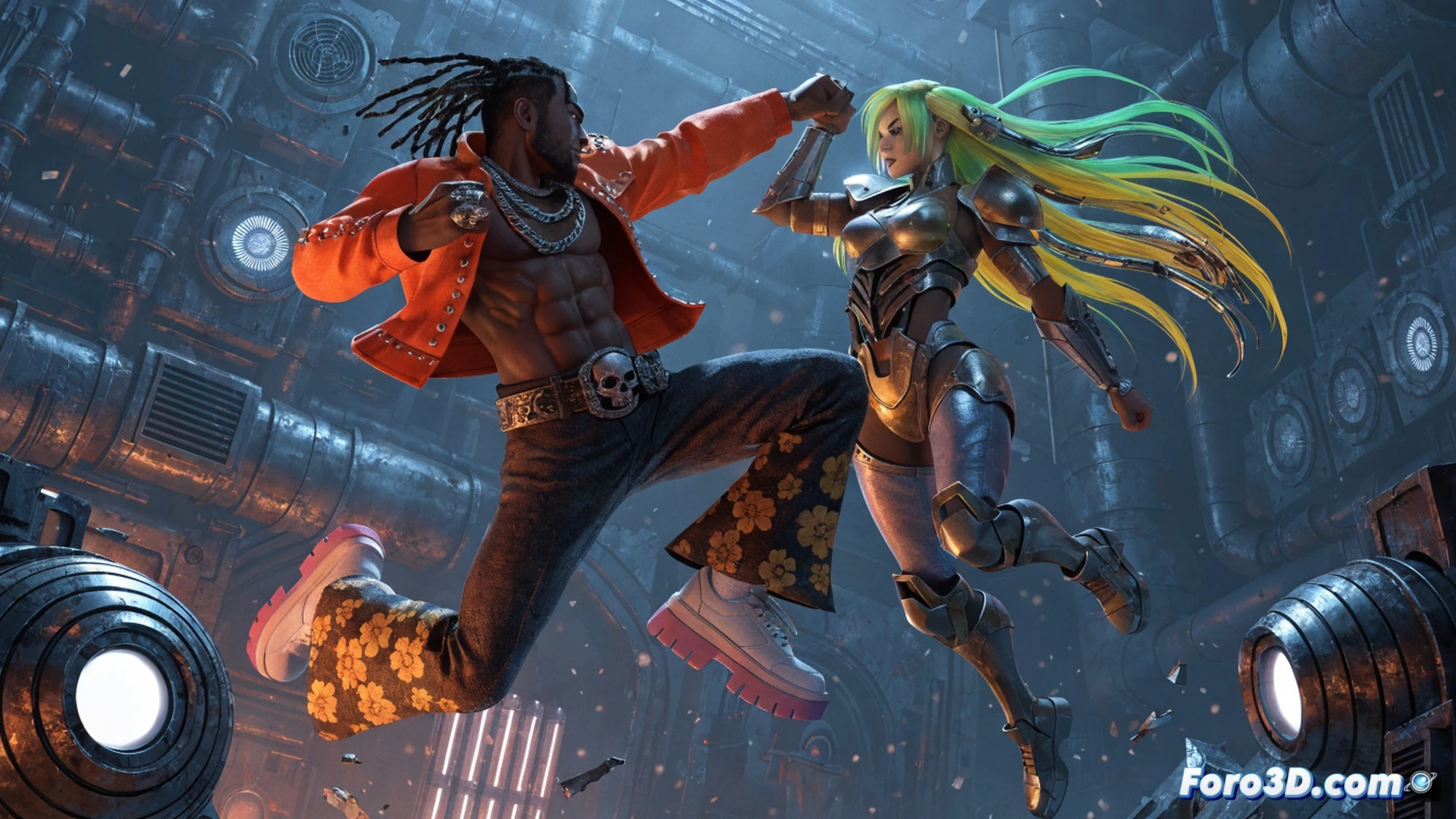 two players facing off in a local versus fighting match on a single split-screen display, six destructible interactive arenas visible in the background, seven distinct character silhouettes with unique weapons and fighting stances, glowing health bars and combo meters at screen edges, joystick controllers connected to a console, dynamic action freeze-frame showing a punch landing mid-air with impact sparks, cinematic technical illustration style, dramatic side lighting highlighting character models, pixel-perfect sprite details, neon edge glow on UI elements, photorealistic arcade cabinet aesthetic, motion blur on a dodging character, debris particles from a shattered barrel flying across the scene