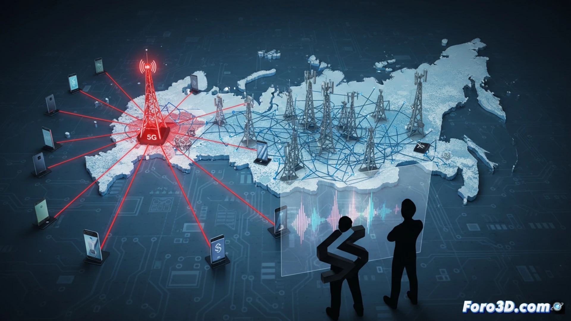 Technical illustration showing a smartphone held by a hand, antenna waves labeled with Russian frequency bands striking the device, only one out of ten phones displaying a glowing 5G connection icon while others show broken signal marks, a magnifying glass over Samsung and Apple logos with disabled 5G chips, background map of Russia with scattered red X marks over network towers, photorealistic engineering visualization, dark industrial lighting, blue and red data stream lines, ultra-detailed circuit board textures, cinematic technical render.