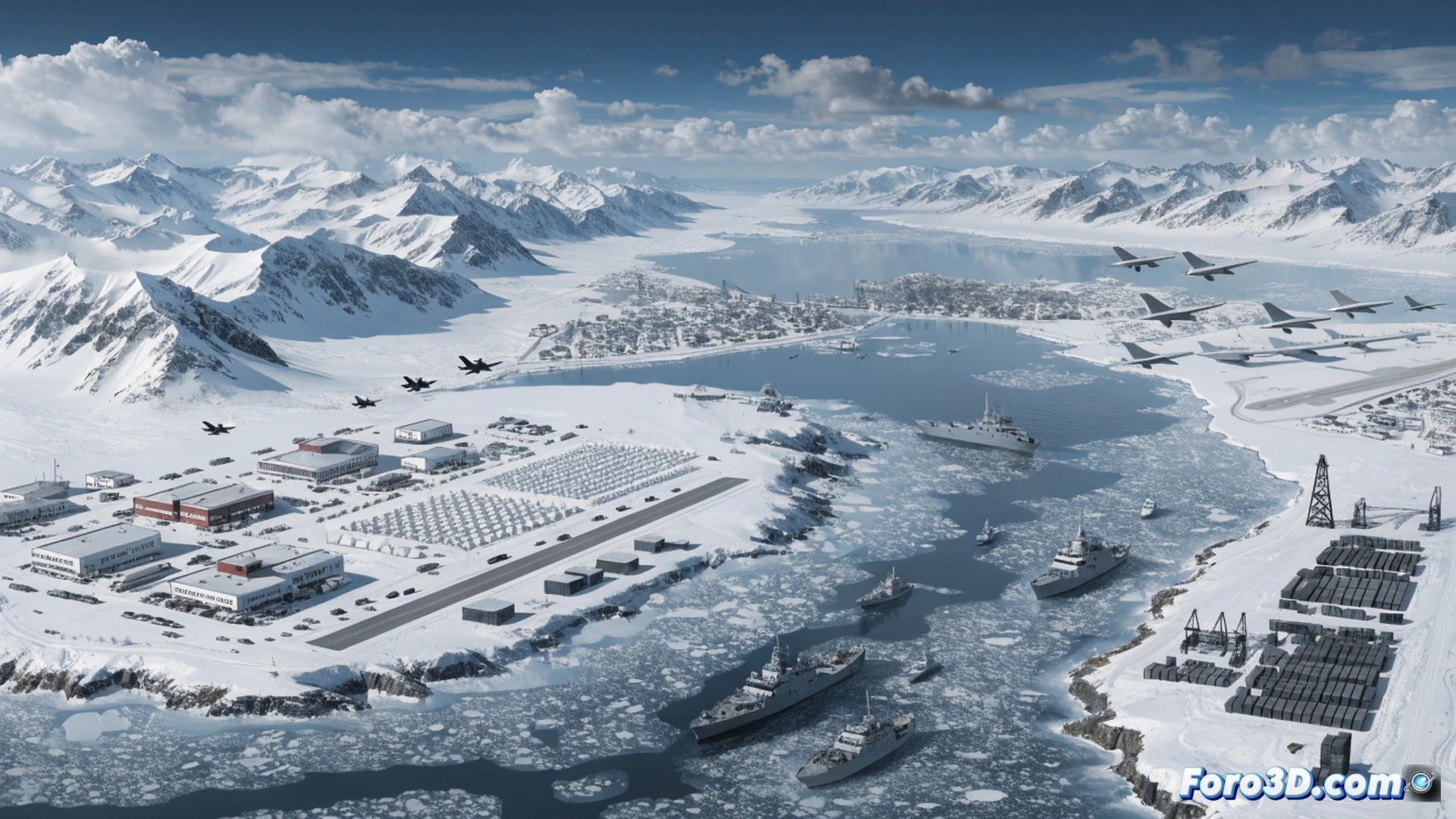 Arctic military base construction scene, excavators digging frozen permafrost near Finnish border, modular barracks rising in rows, satellite dish arrays rotating under grey sky, snow-covered runways with military transport jets landing, frost-covered radar domes scanning horizon, NATO reconnaissance drone flying overhead, soldiers in white camouflage moving equipment, cold blue lighting, cinematic photorealistic style, high-angle wide shot showing vast tundra and industrial activity