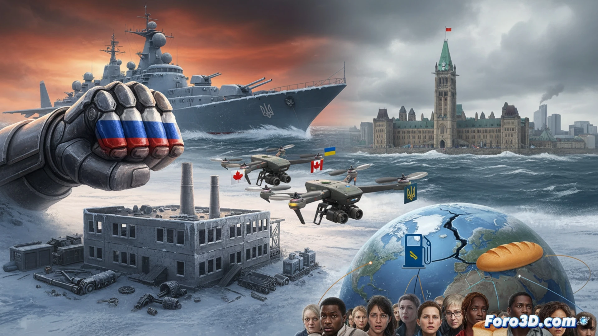 Canadian military factory interior, technicians assembling a medium-altitude long-endurance drone with visible sensor turret and wing-mounted munitions, Russian satellite surveillance imagery overlay on a holographic tactical display showing drone production lines, a Russian Su-35 fighter jet silhouette projected on a screen with red threat lines extending toward Canada, industrial robotic arms welding composite wing sections, blueprints of Ukrainian drone schematics pinned to a wall, dramatic overhead lighting casting sharp shadows, photorealistic technical visualization, cold steel and carbon fiber textures, high-contrast cinematic lighting, geopolitical tension implied through visual juxtaposition of manufacturing precision and military targeting graphics