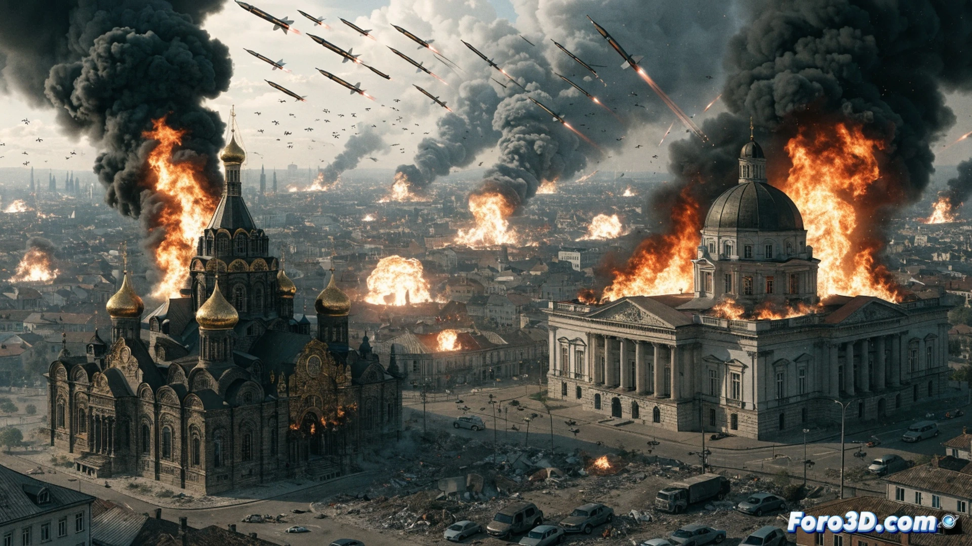 massive missile and drone swarm over Kyiv skyline at dawn, 70 cruise missiles streaking across horizon with contrails, 600 drones forming dark cloud patterns, Cathedral of the Dormition dome engulfed in flames, museum building collapsing with smoke and debris, civilian silhouettes fleeing through rubble-strewn streets, photorealistic warzone cinematography, dramatic orange fire glow reflecting on low clouds, ultra-detailed architectural damage, motion blur from explosions, heavy smoke layers, realistic destruction textures, wide panoramic battlefield composition, high-contrast lighting, cinematic devastation scene