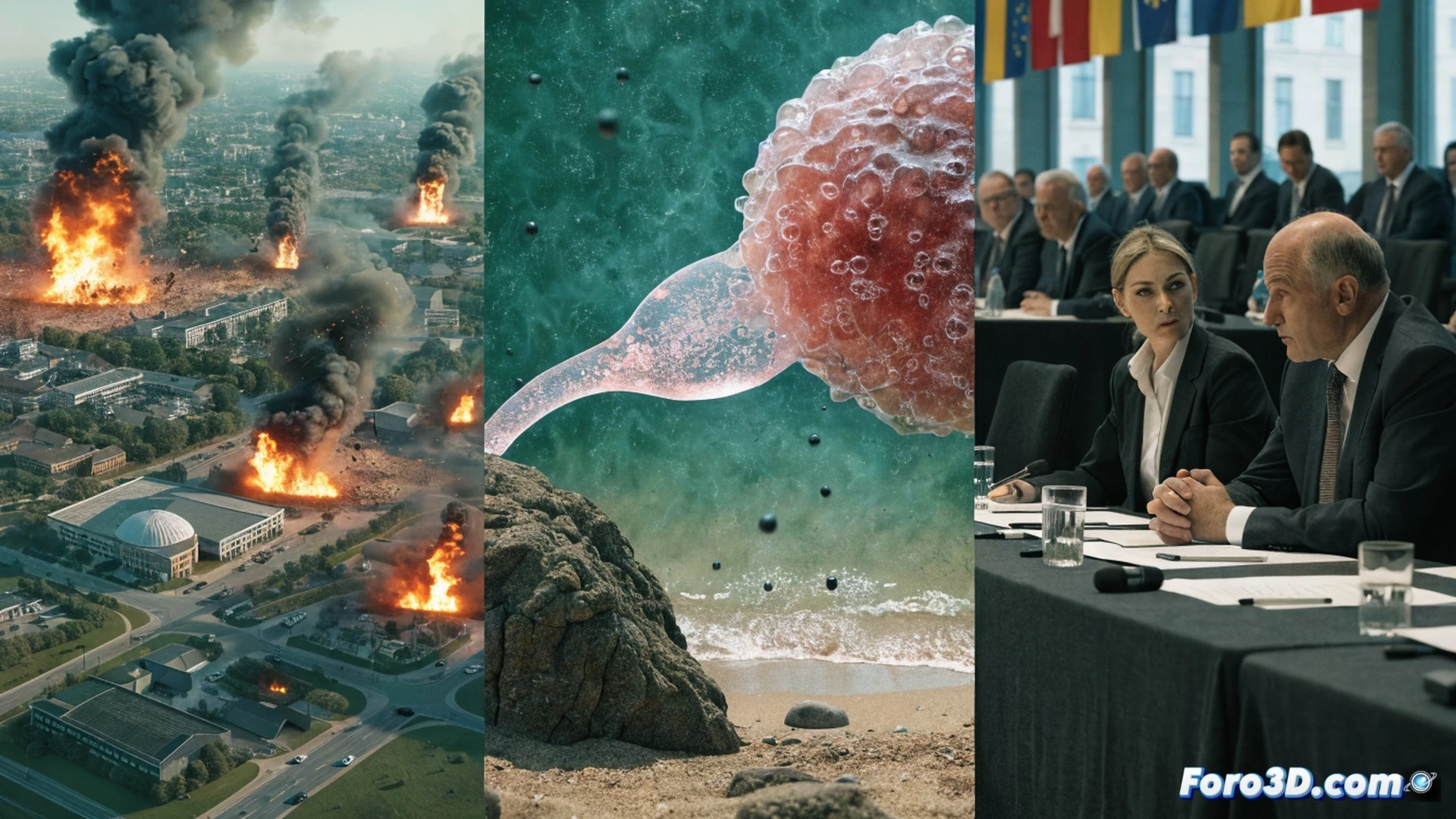 Aerial view of a European beach with rising sea foam morphing into a bacterial shape, a military drone shadow crossing over sunbathers, a Ukrainian man in civilian clothes looking at a closed EU border gate with a biometric scanner, warm ocean water turning murky green, photorealistic technical illustration, cinematic wide-angle lens, dramatic storm clouds on horizon, glowing hazard symbols on a digital passport screen, sand texture with medical warning signs, realistic environmental lighting