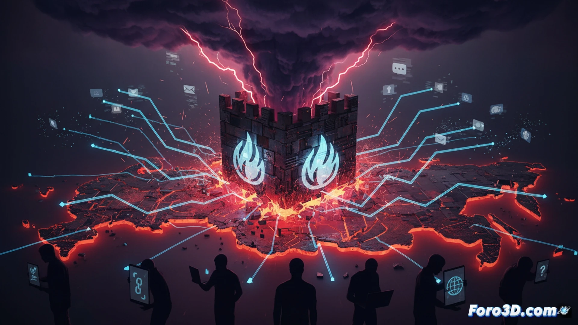 Cinematic technical illustration showing Russian internet infrastructure control room, network engineers frantically monitoring server racks while firewall software interface displays cascading red error alerts, encrypted cloud traffic streams being incorrectly blocked, VPN detection algorithms misfiring and disrupting legitimate messaging app connections, tangled fiber optic cables and blinking routers, dramatic red warning lights illuminating the scene, holographic globe showing disrupted data flows across Russia, photorealistic engineering visualization with chaotic system overload indicators