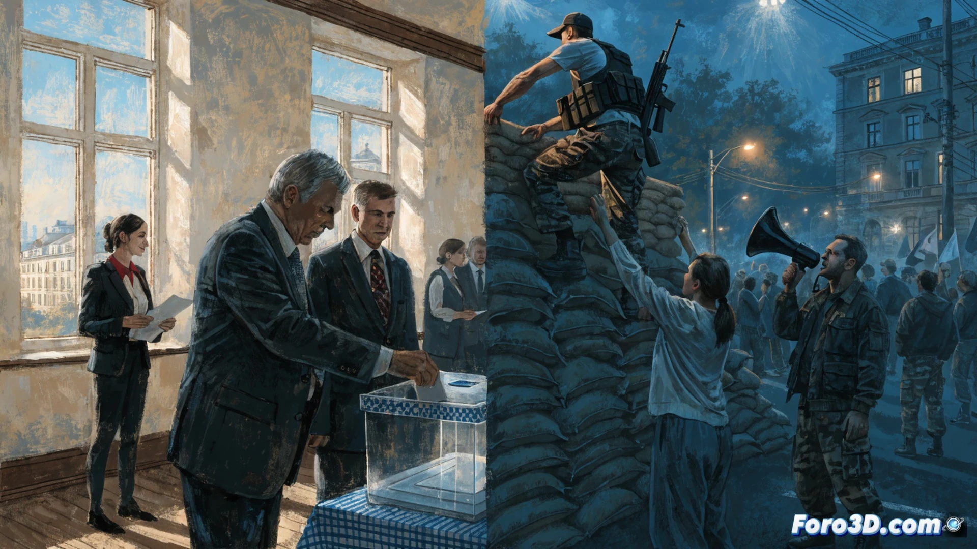 satellite image of contested Ukrainian territory, red administrative boundary lines being drawn over a digital map interface, Russian military personnel installing electronic voting terminals in a damaged municipal building, local civilians watching with mixed expressions, geopolitical tension visualization, glowing border markers on a tablet held by an officer, broken windows and faded Ukrainian flags in background, photorealistic technical illustration, dramatic overcast lighting, detailed circuitry of voting machines visible, cold blue and amber color contrast, ultra-realistic textures of concrete and metal
