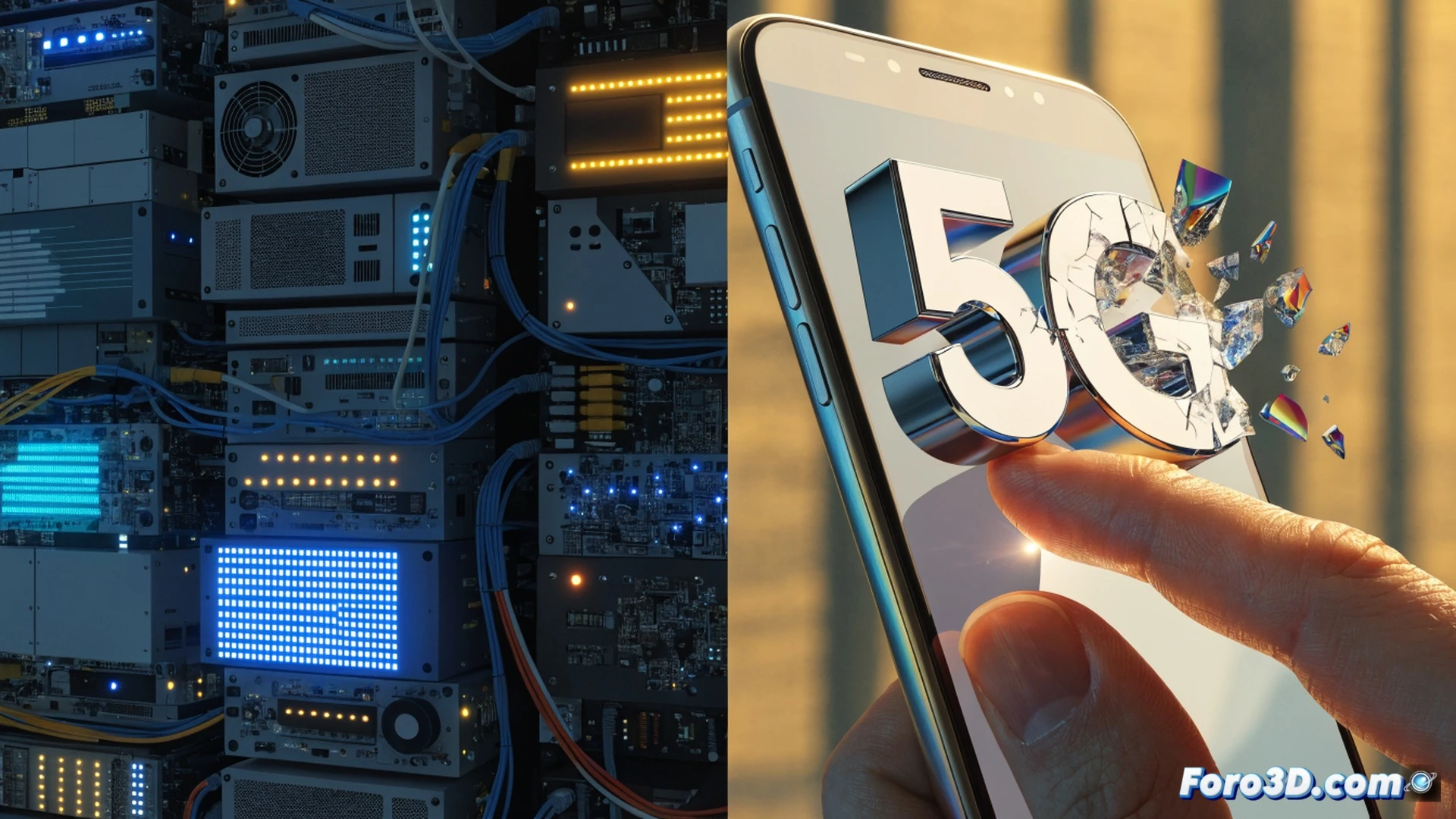 cinematic scene of a smartphone held by a hand showing a 5G icon on screen, surrounded by empty radio towers with no signal waves, while a magnifying glass hovers over the phone revealing disconnected network cables inside the device, technical illustration style, dark industrial background, cold blue lighting, photorealistic render, detailed circuit board visible through glass, motion blur on magnifying glass, dramatic shadows, ultra-realistic textures