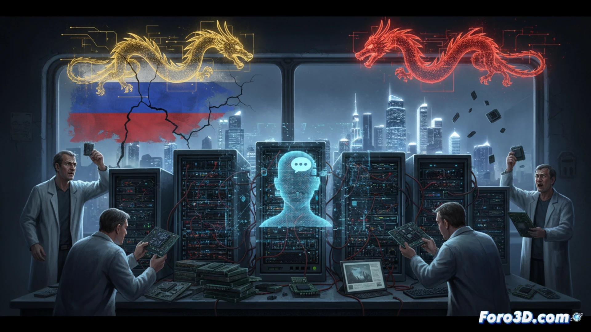 Abandoned Russian server room, two engineers repairing a massive GPU cluster with cracked heatsinks and corroded wiring, one holding a soldering iron while the other points at a flickering monitor displaying a fragmented neural network, dust particles floating in dim emergency light, outdated chips with visible Soviet-era labels, tangled cables hanging from racks, cold blue and amber emergency lights, cinematic photorealistic technical illustration, dramatic shadows, hyperdetailed industrial decay