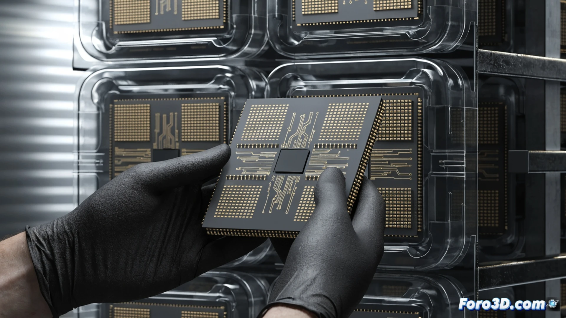 Russian engineers assembling Elbrus-2C3 and Elbrus-16C processors onto a server motherboard in a cleanroom lab, glowing circuit traces under magnifying lens, robotic arm placing a heatsink onto the chip while diagnostic software displays real-time thermal data on a monitor, industrial shelving filled with processor trays, subtle Russian flag decal on the chassis, photorealistic technical illustration, cool blue ambient lighting, crisp reflections on metal surfaces, precise mechanical action, engineering visualization, high-contrast shadows, sterile laboratory environment