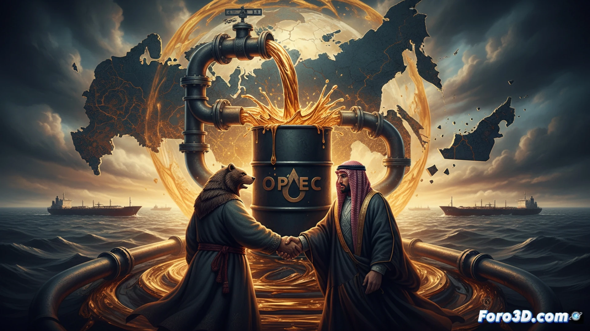 Un mapa global con Rusia y Arabia Saudita uniendo tuberías de petróleo, mientras EAU se aleja de la OPEP y sanciones fallan.