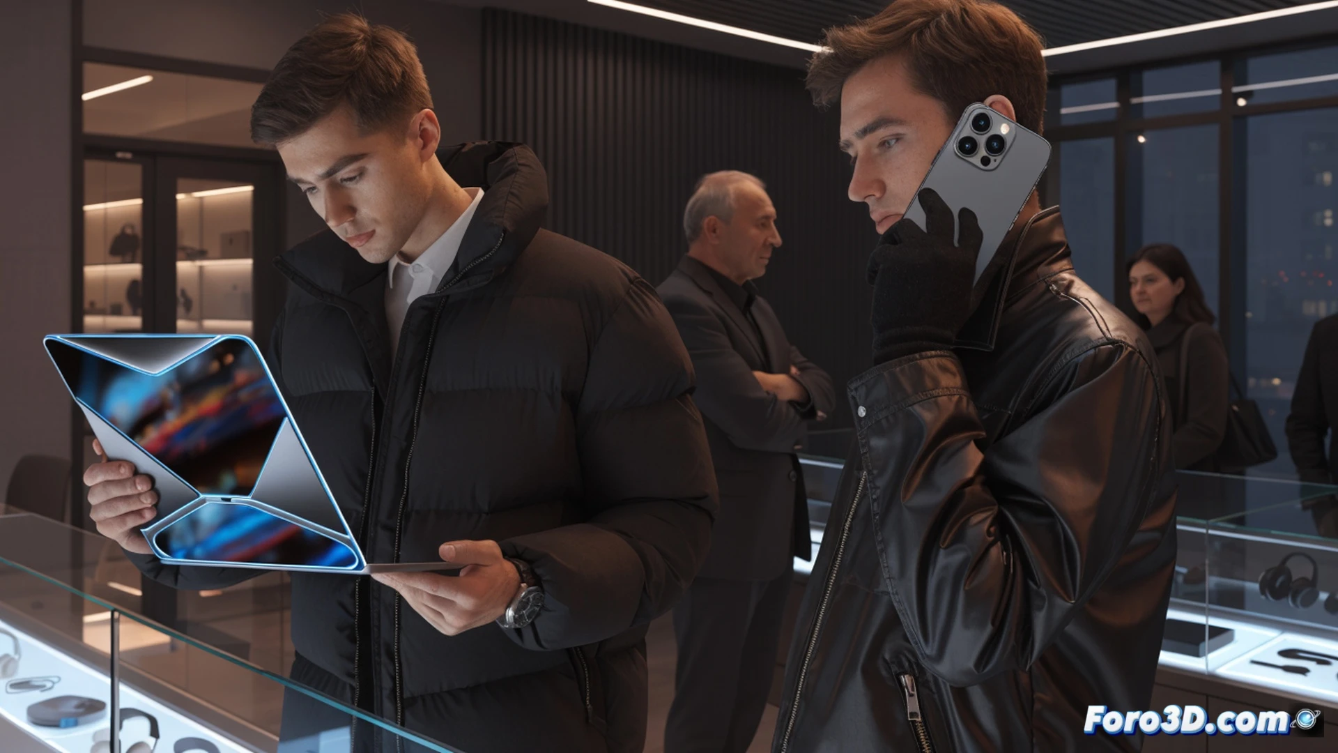 Russian consumer electronics store interior, customers grabbing MacBook Neo and iPhone 17e from shelves, hands exchanging cash and credit cards, glowing Apple displays showing price tags in rubles, barcode scanners scanning boxes, shopping carts filled with devices, bright retail lighting reflecting on aluminum laptop lids and glass phone screens, competitive pricing stickers visible on product stands, photorealistic technical illustration, cinematic depth of field, crowded checkout counters, modern minimalist store design, ultra-detailed product packaging, realistic consumer frenzy atmosphere