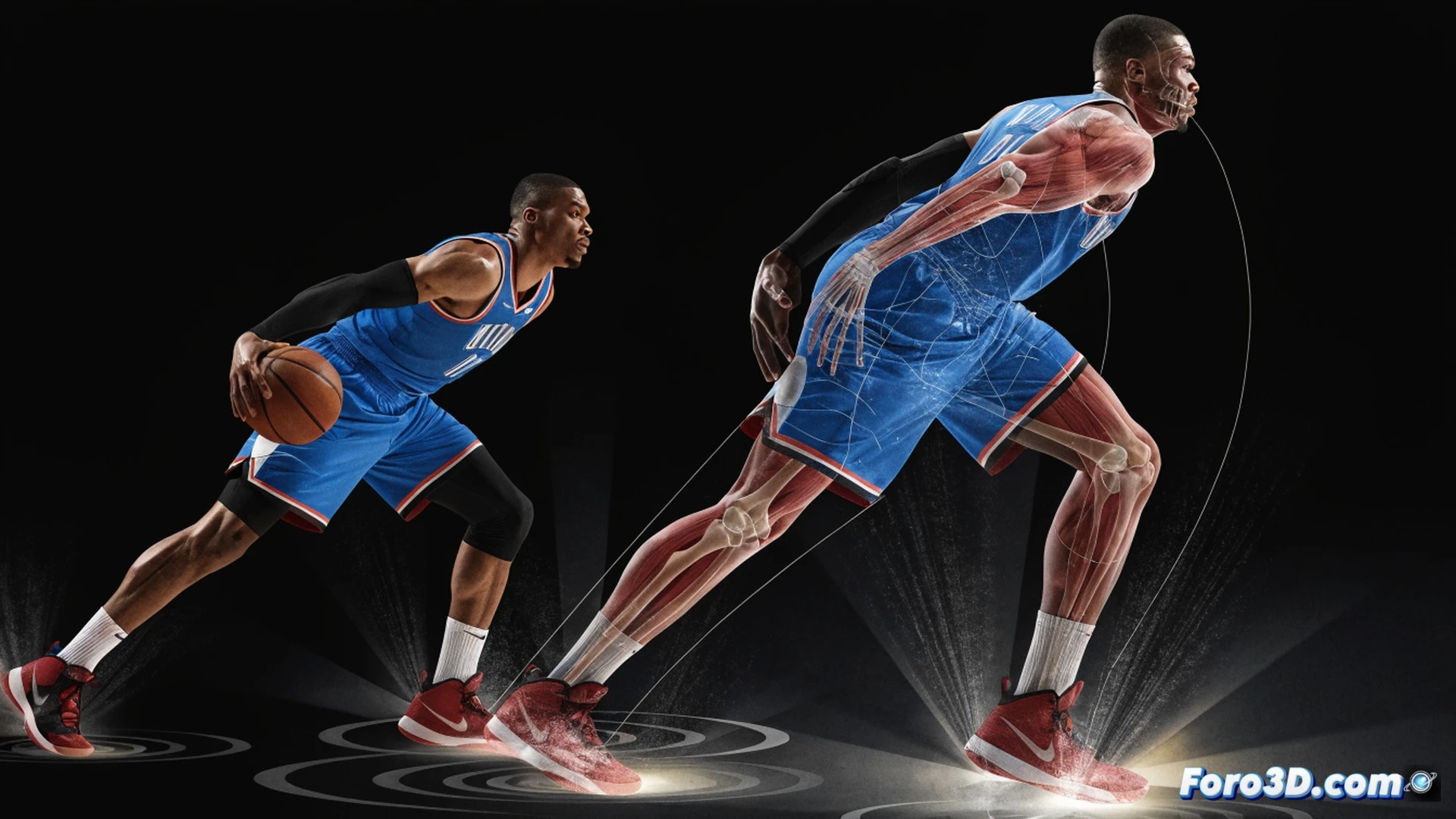 Russell Westbrook mid-dunk in explosive motion, muscles tensed, jersey flowing upward, basketball at apex above rim, biomechanical overlay showing leg muscle activation and joint angles, glowing energy lines tracing his leap trajectory, court floor with motion blur and dust particles kicked up, photorealistic 3D render, cinematic sports science visualization, dramatic arena lighting with rim light on athlete, detailed muscle fiber texture, sweat droplets frozen in air, technical athletic analysis aesthetic