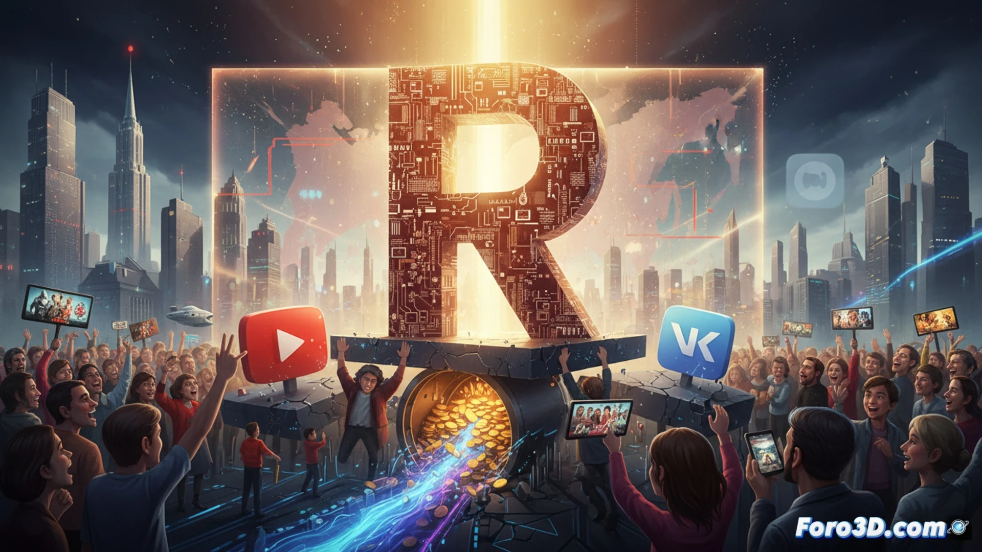 Mapa de Rusia con Rutube en verde al 79%, YouTube en rojo al 42% y VK Video en gris al 66%. Pantalla de Rutube mostrando película extranjera sin licencia, con iconos de derechos de autor tachados. Usuarios felices viendo contenido gratuito.