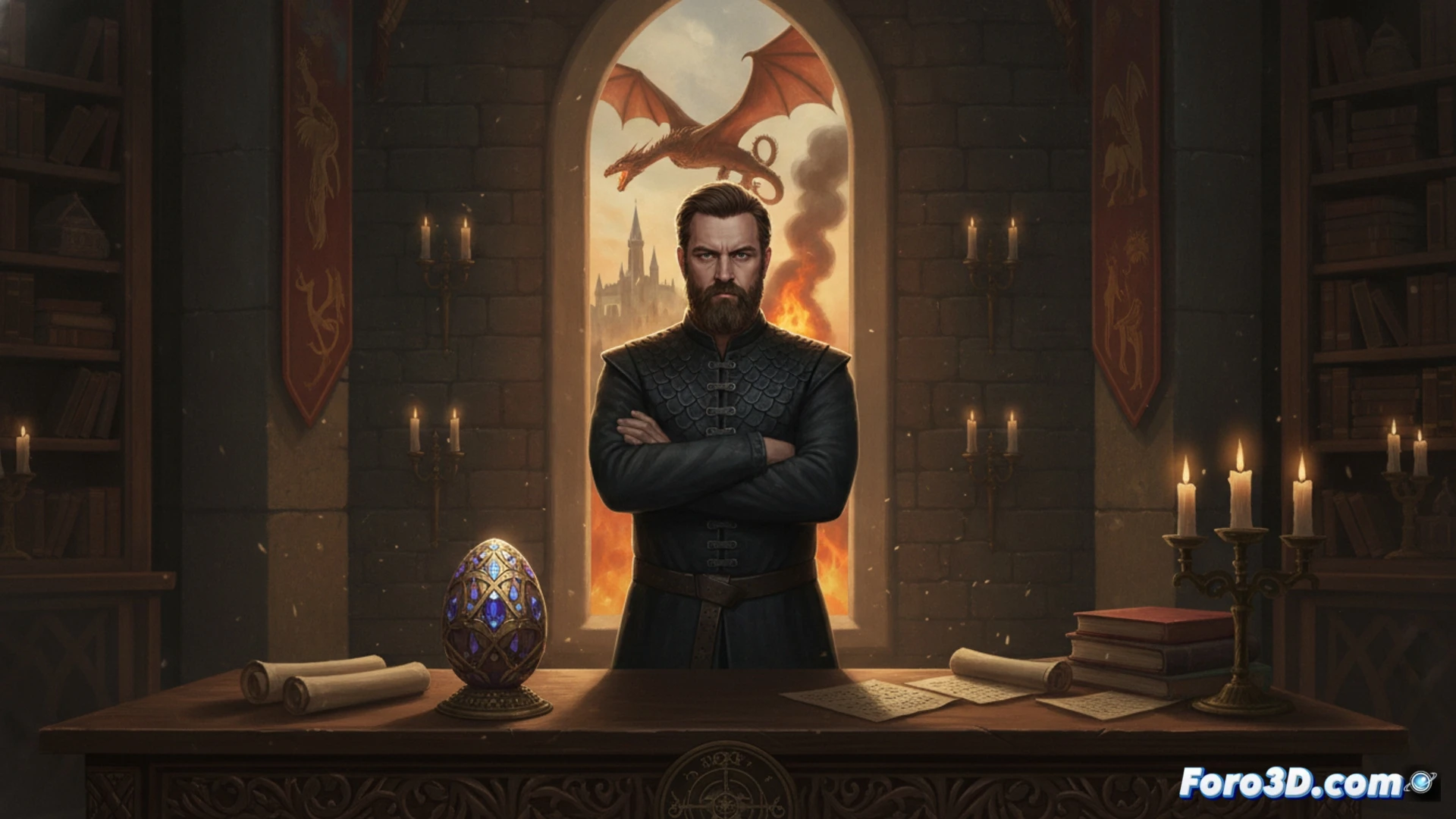 Cinematic scene of a medieval fantasy showrunner standing firm in a post-production editing bay, surrounded by large monitors displaying dragon CGI wireframes and unfinished battle sequences, while a stack of complaint letters burns untouched in a metal bin beside him, his hand resting steady on a script marked Season 3 Finale, photorealistic technical illustration, dramatic side lighting, high-contrast shadows, ultra-detailed studio equipment, editing timeline visible on screens, glowing render progress bars, calm defiant posture, industrial ambient glow.