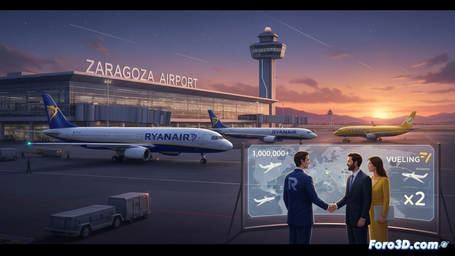 aeropuerto de Zaragoza pista nocturna, avión Ryanair despegando mientras otro Vueling aterriza al fondo, hangar abierto mostrando técnicos revisando motor turbofán con linternas, mapa de rutas luminoso en pantalla táctil mostrando flechas hacia Londres Milán Fráncfort, maletas apiladas en carrusel con etiquetas de destino, torre de control iluminada, luces de aproximación parpadeando, estilo cinematográfico realista, iluminación industrial azul y naranja, texturas metálicas detalladas, profundidad de campo, render fotorrealista técnico