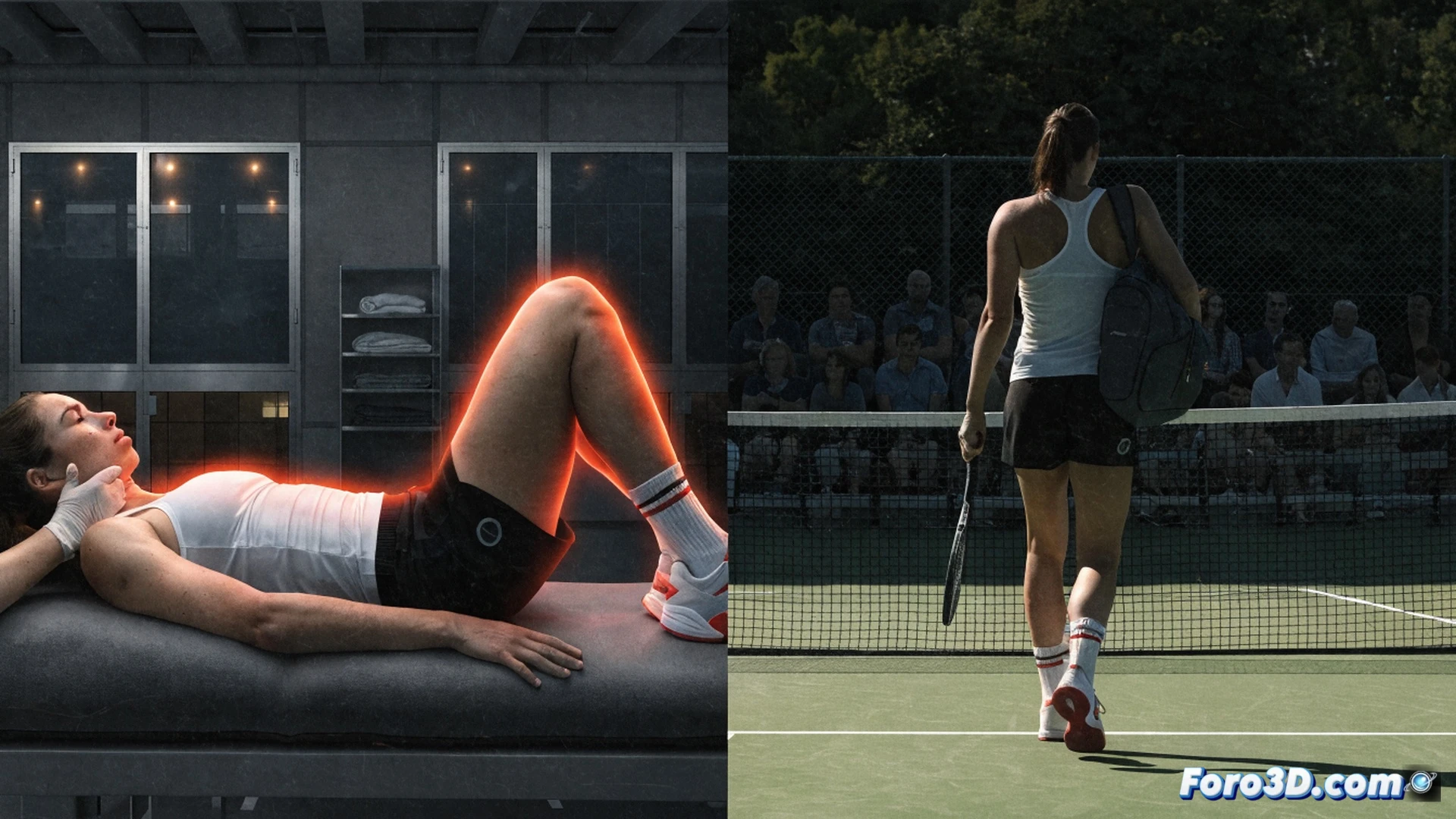 tennis player Elena Rybakina walking off grass court holding right hip area, medical staff approaching with ice pack and ultrasound device, tennis racket resting on bench, abandoned match with net and lines visible, photorealistic sports medicine visualization, motion blur in background crowd, dramatic stadium lighting, sweat glistening on skin, concerned expression, detailed court texture and equipment, cinematic composition showing injury moment