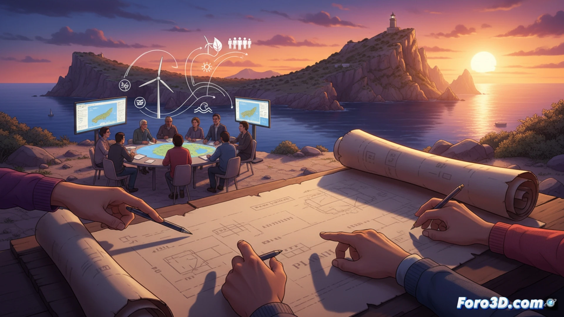 Aerial view of Sa Dragonera island with a digital tablet showing a 1995 map being overlaid by a transparent holographic 3D model of the same terrain, glowing blue data streams flowing from the tablet into the landscape, during a public consultation session with hands placing sticky notes on a large interactive screen, stylus pen selecting zones for environmental protection, cinematic technical illustration, warm Mediterranean sunlight, rugged limestone cliffs, turquoise sea, photorealistic engineering visualization, soft shadows, clean modern UI elements floating in augmented reality