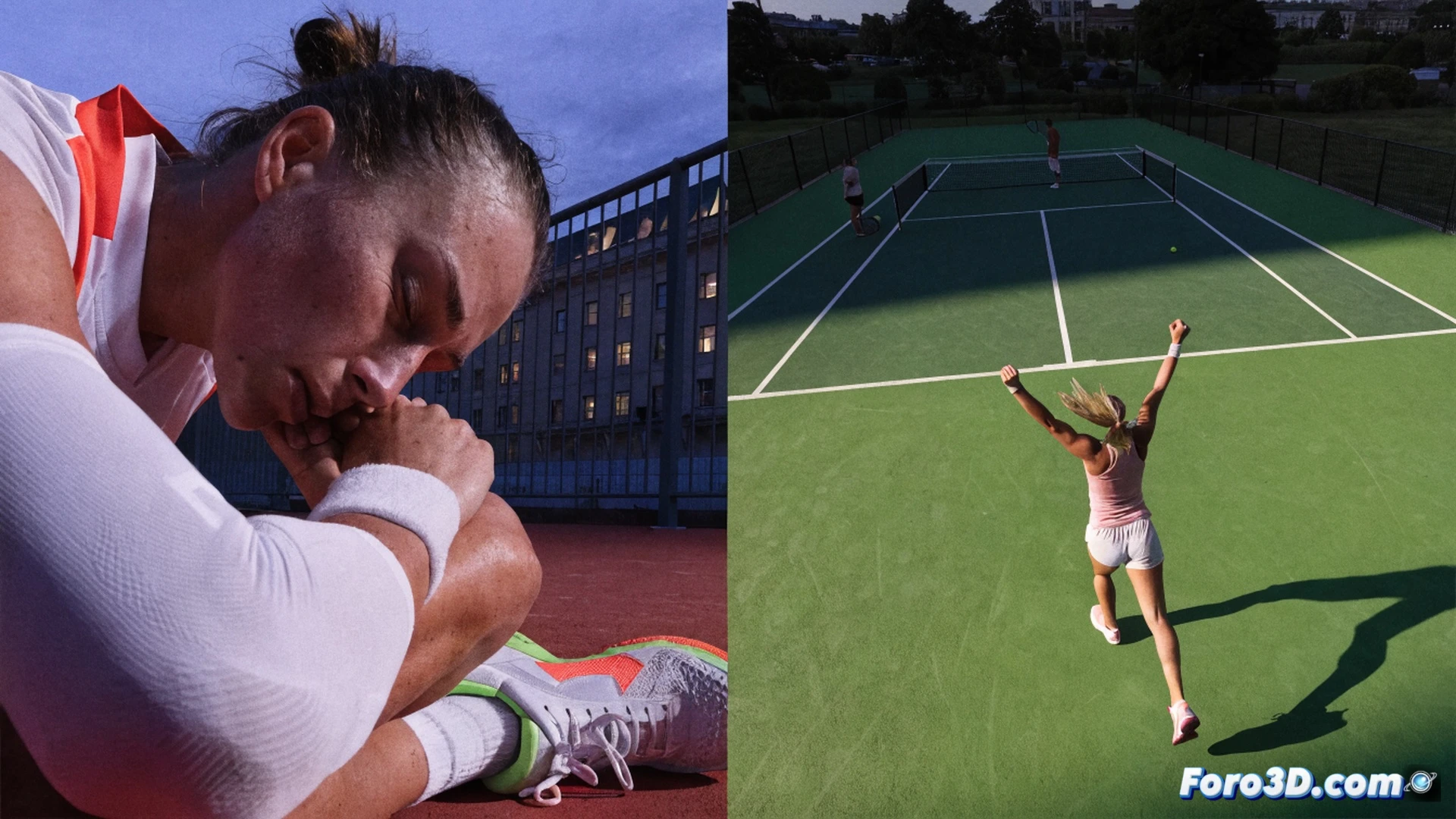 Aryna Sabalenka falling sideways on grass court during backhand return, white tennis skirt fluttering, racket slipping from grip, ball bouncing past her toward net, Jessica Pegula mid-swing in background, Wimbledon logo faintly visible on court banner, grass blades torn and displaced under sneakers, sweat droplets frozen in air, stadium shadows crossing baseline, photorealistic sports photography, dramatic golden hour lighting, shallow depth of field, motion blur on ball, ultra-detailed grass texture, cinematic action freeze-frame
