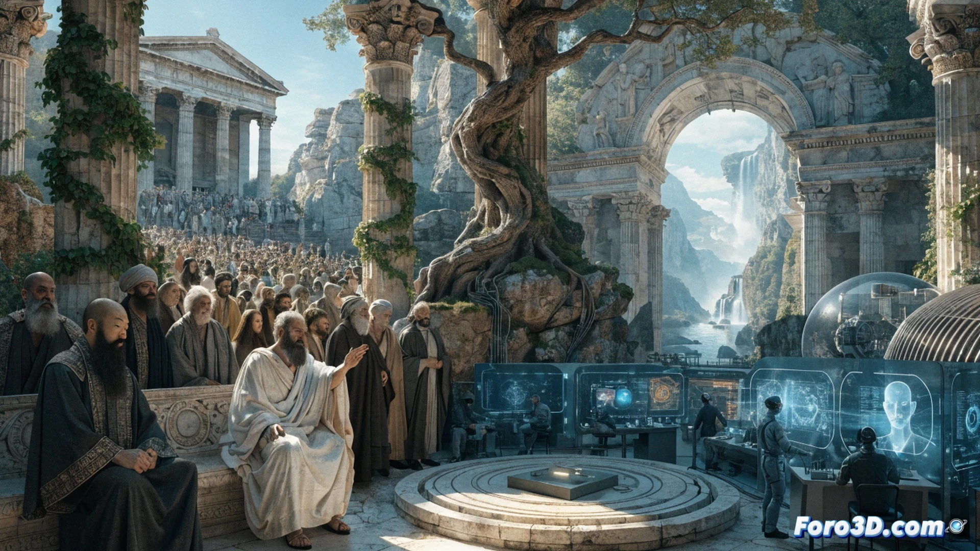 Ancient Greek and Chinese philosophers in a sunlit Athenian agora, holographic globe displaying conflict zones and AI networks floating above a marble table, experts from 20 nationalities pointing at digital overlays merging Plato’s cave allegory with modern cybersecurity diagrams, glowing ethical guidelines projected onto broken columns, photorealistic cinematic visualization, warm golden hour light casting long shadows, marble textures contrasting with sleek holographic interfaces, hand gestures demonstrating balance between human values and technology, ultra-detailed stone carvings blending with circuit board patterns, dramatic chiaroscuro lighting, technical illustration style