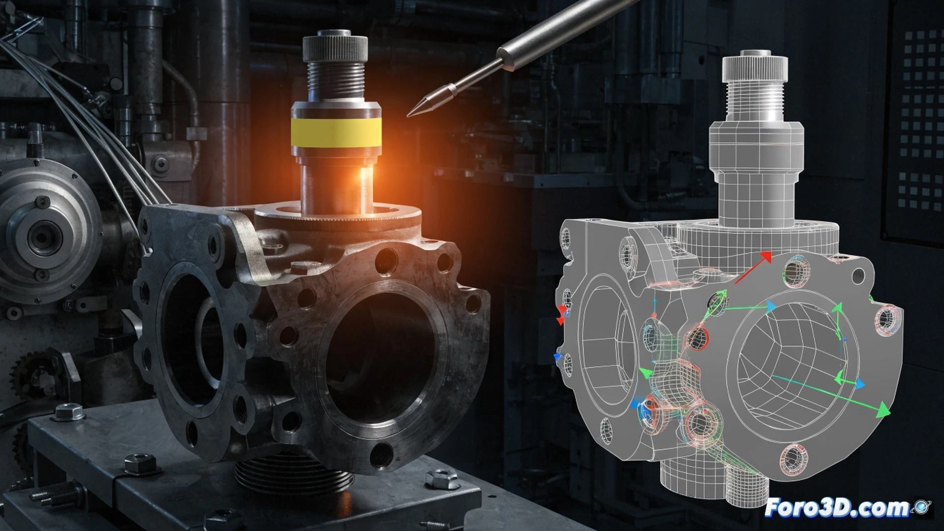 engineering visualization of cylinder head sabotage investigation, robotic assembly arm frozen mid-motion over engine block, technician holding modified torque transducer with visible offset calibration mark, 3D scan data projected as wireframe overlay showing bolt hole misalignment, GOM Inspect software interface floating as holographic display with color-coded deviation map, Blender viewport showing reconstructed fracture geometry, forensic lighting casting harsh shadows on metal surfaces, red laser scanning beam crossing the cylinder head surface, photorealistic technical illustration style, cinematic industrial atmosphere