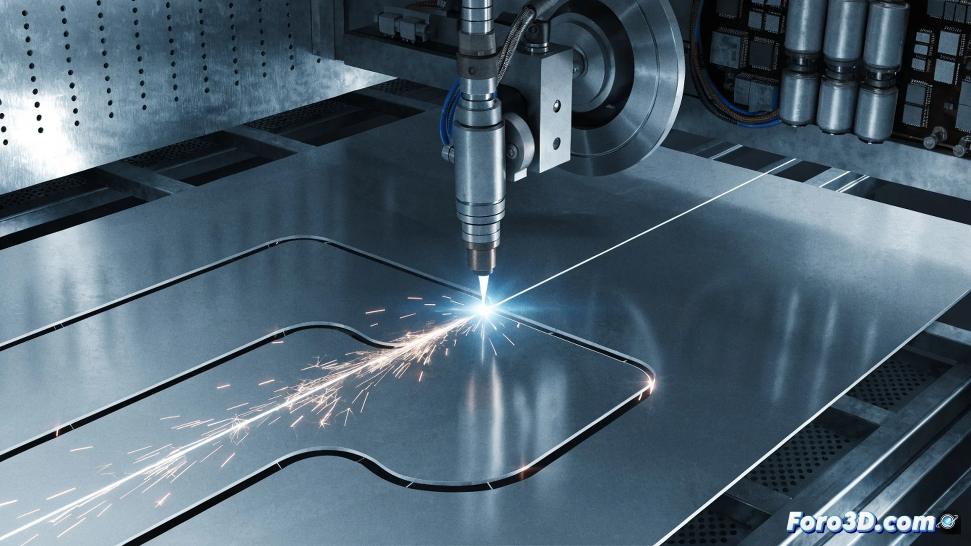 industrial robot arm with plasma cutting torch at an angle, orange glowing plasma arc slicing through a steel plate with visible misalignment, robotic arm vector deviation highlighted by dashed red lines on a digital overlay, software calibration interface on a nearby monitor showing corrupted data strings and altered coordinates, sparks flying from the cut while metal slag accumulates unevenly, dark factory floor with emergency yellow lighting casting long shadows, photorealistic technical engineering visualization, cinematic industrial atmosphere, high detail on mechanical joints and torch nozzle, subtle smoke and heat haze around the cutting zone