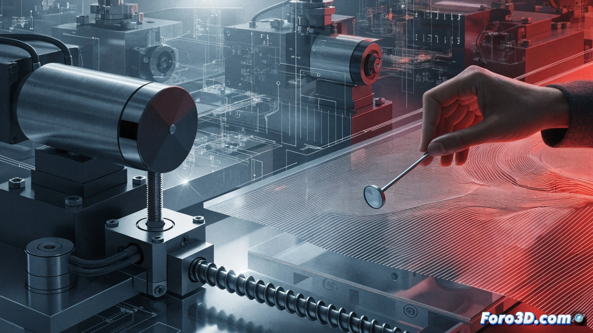 engineering visualization of a Z-axis stepper motor being tampered on a flexible display printer, metallic motor housing partially open revealing internal coils, a technician's hand holding a calibration tool near the adjustment screw, Mitutoyo MCOSMOS measurement software interface reflected on a monitor beside a Rhino 3D model of the print head, digital calipers showing misaligned readings, subtle red warning glow on the motor driver board, cinematic industrial lighting with blue and amber tones, photorealistic technical illustration, sharp focus on the stepper motor and tool, slight depth of field on background machinery