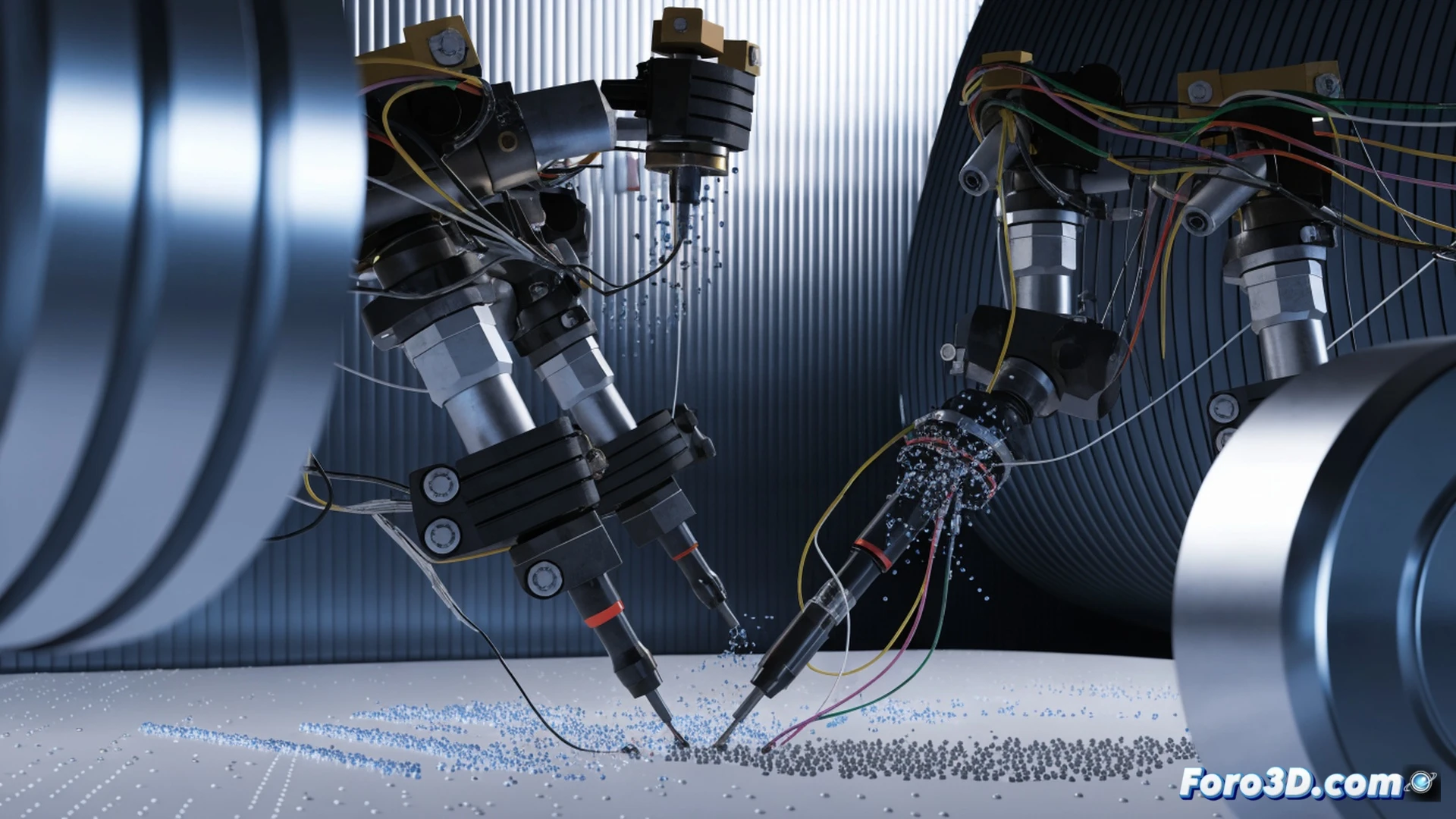 Microscopic piezoelectric nozzles misaligned over a flexible circuit substrate, erratic ink patterns splattering across the surface, Mitutoyo MCOSMOS inspection arm scanning the chaotic 3D print, Rhino 3D wireframe interface visible in background, blue laser measurement beams intersecting the distorted deposition paths, cinematic engineering visualization, high contrast industrial lighting, metallic nozzle array with angular offsets, ultra-detailed mechanical failure scene, photorealistic technical illustration