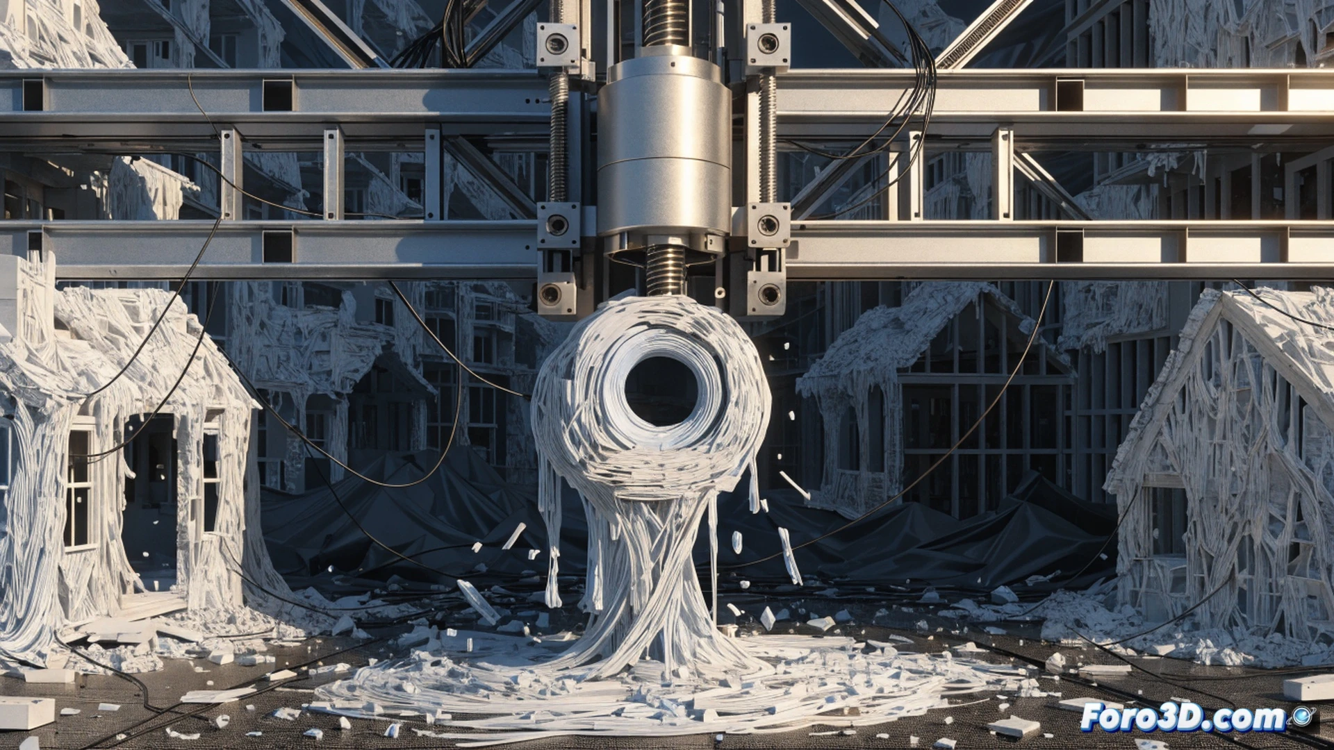 Close-up cinematic engineering visualization of a sabotaged 3D printer nozzle extruding irregular mortar layers onto a house wall, damaged boquilla with enlarged diameter causing chaotic material flow and structural cracks, worker inspecting extruded layer with digital caliper while laptop screen shows Autodesk ReCap point cloud scan of defects and Rhino 3D wireframe geometry, construction site dust and harsh sunlight, photorealistic industrial render, dramatic shadows, detailed mechanical failure, technical forensic atmosphere