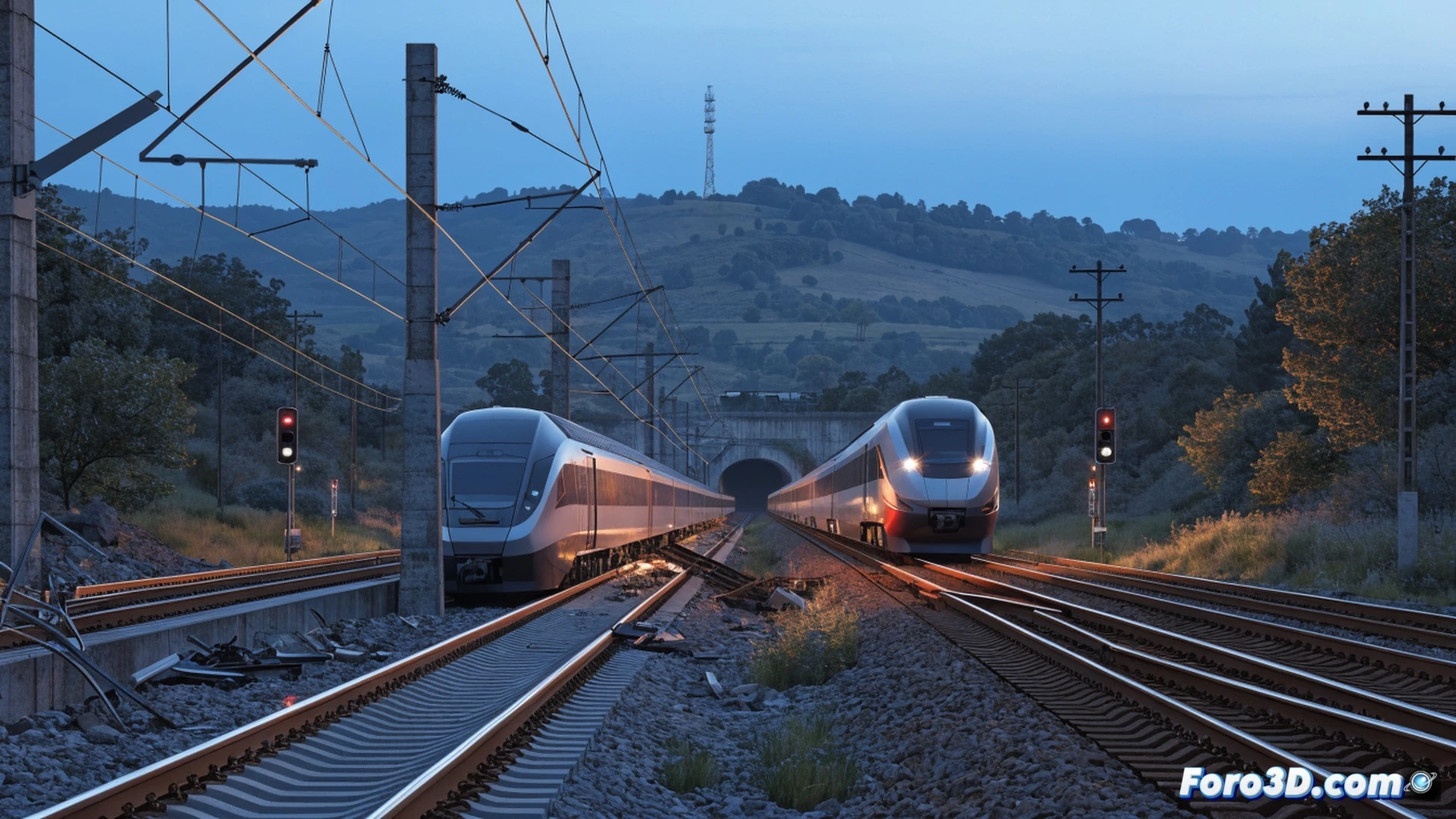 high-speed train diverted onto traditional railway line near Caserta, railway workers inspecting damaged signaling equipment beside the tracks, passengers visible through windows checking watches in frustration, train moving slowly on curved older rails, contrast between modern train body and aged infrastructure, cinematic engineering visualization, overcast dramatic sky, industrial warning lights flashing, detailed rusted tracks and overhead wires, photorealistic technical render with motion blur on passing regional trains
