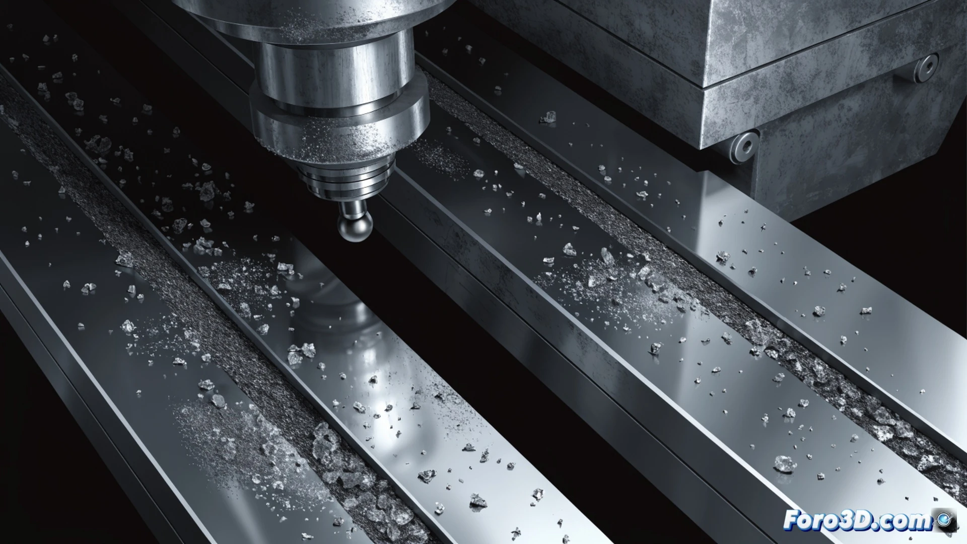 Close-up macro shot of precision linear guide rails on a coordinate measuring machine, micrometric abrasive particles embedded in the bearing surface, visible micro-scratches and wear patterns, a technician inspecting under a digital microscope while a 3D scanning system shows misaligned measurement data on a monitor, metallic dust scattered around the rail, dramatic workshop lighting with sharp shadows, photorealistic engineering visualization, ultra-detailed surface corrosion, industrial sabotage atmosphere