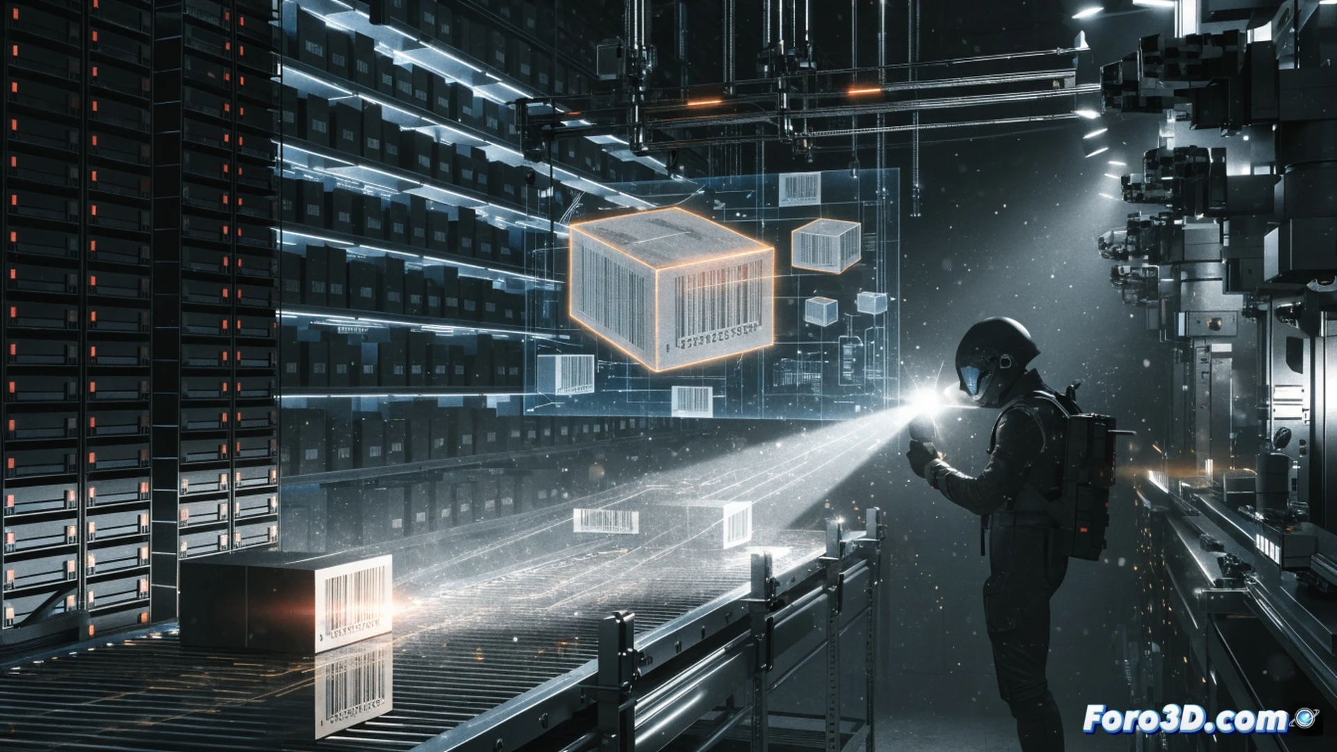 Technical illustration of a logistics center sabotage scene, robotic sorting arm with optical sensor being disrupted by a lateral stroboscopic light beam, visible light pulses causing misread barcodes on packages, ContextCapture 3D scan mesh overlay showing the environment, Blender simulation of glowing light rays intersecting the sensor lens, engineer inspecting the calibration failure, photorealistic engineering visualization, dramatic dark industrial lighting, metallic conveyor belt details, precise technical components, cinematic action freeze-frame moment, ultra-detailed mechanical arm and sensor assembly