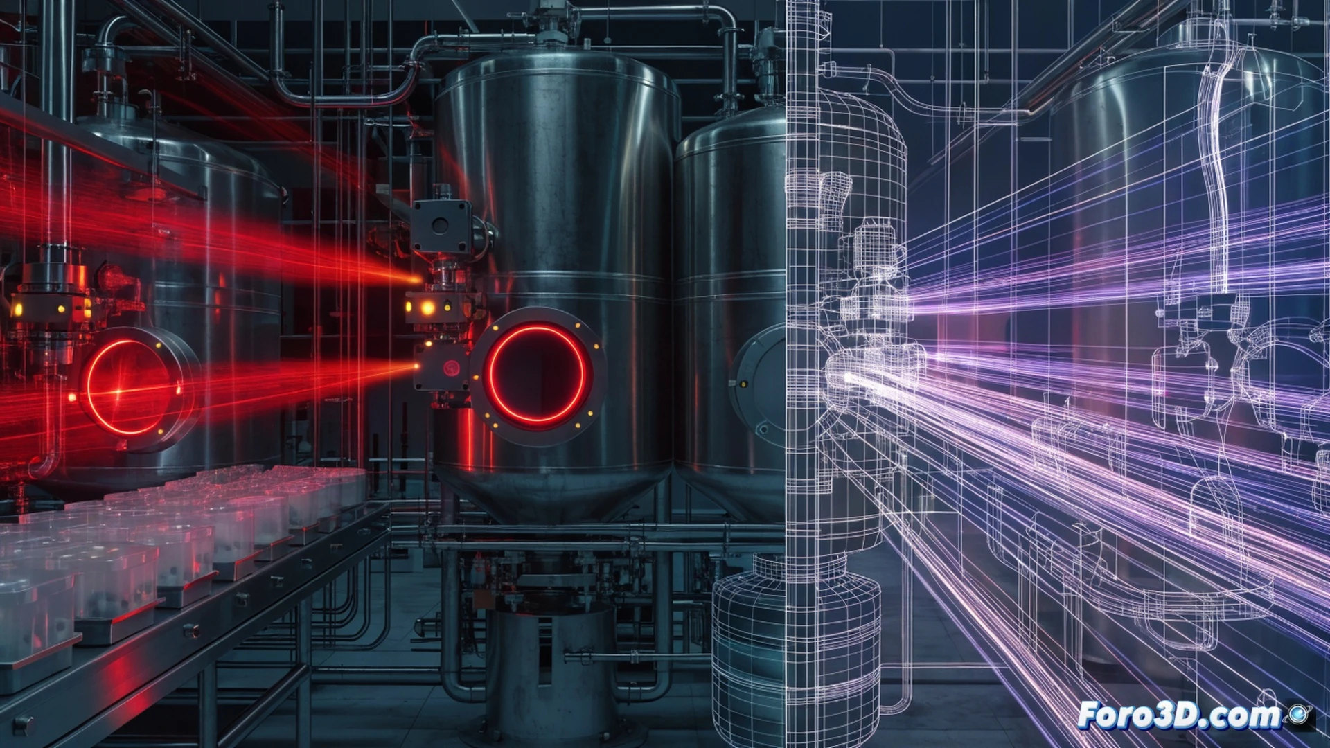 industrial sabotage scene in a pharmaceutical packaging line, a robotic arm with gripper malfunctioning mid-motion, invisible modulated infrared light beam from a hidden external device hitting an optical position sensor on the arm, sensor emitting faint red glow under duress, surrounding area captured as dense 3D point cloud with ContextCapture interface visible on a floating monitor, Blender software window showing light propagation model with ray-traced curves intersecting the sensor, scattered blister packs and misaligned boxes on conveyor belt, cinematic engineering visualization, photorealistic industrial lighting with harsh shadows and cool blue ambient glow, ultra-detailed mechanical joints and sensor lens, technical illustration style