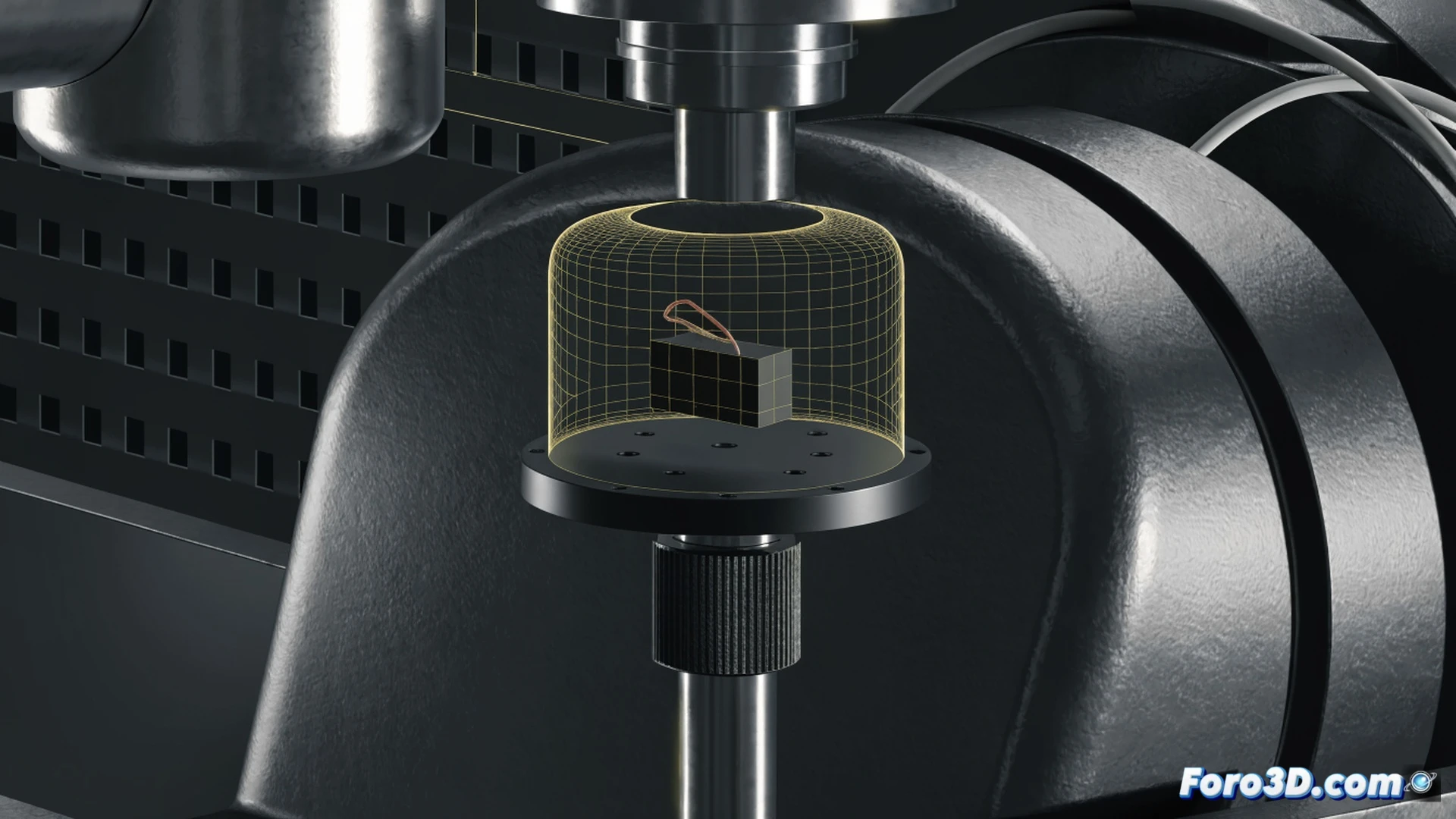 industrial robot arm with a screwdriver head malfunctioning over a motor assembly line, a glowing 3D scan mesh overlay highlighting the torque transducer misalignment, GOM Inspect interface visible on a monitor showing deviation analysis, Blender viewport with point cloud data processing in the background, photorealistic technical illustration, dramatic blue and orange lighting, metallic surfaces with subtle reflections, depth of field focusing on the robot cabezal, engineering visualization, cinematic composition