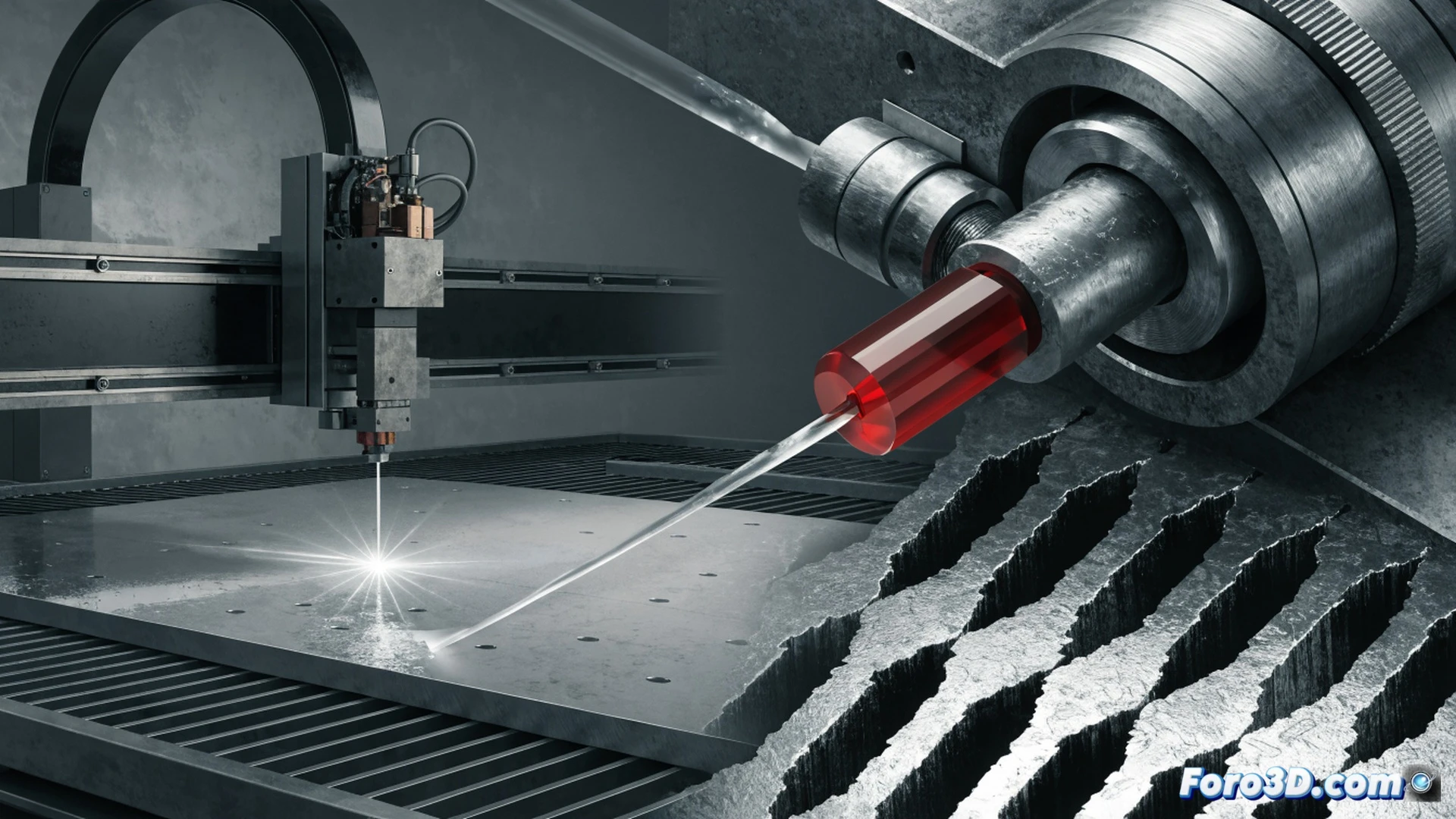 A technician inspecting a waterjet cutting head under a bright LED lamp, ruby nozzle visibly misaligned by a fraction of a millimeter, a precision caliper measuring the gap, high-pressure water stream veering off-center and cutting a jagged path through a metal plate, scattered debris and wasted material pieces on the worktable, 3D forensic scan interface on a monitor showing a highlighted angular deviation, intense workshop lighting, photorealistic engineering visualization, sharp focus on mechanical detail