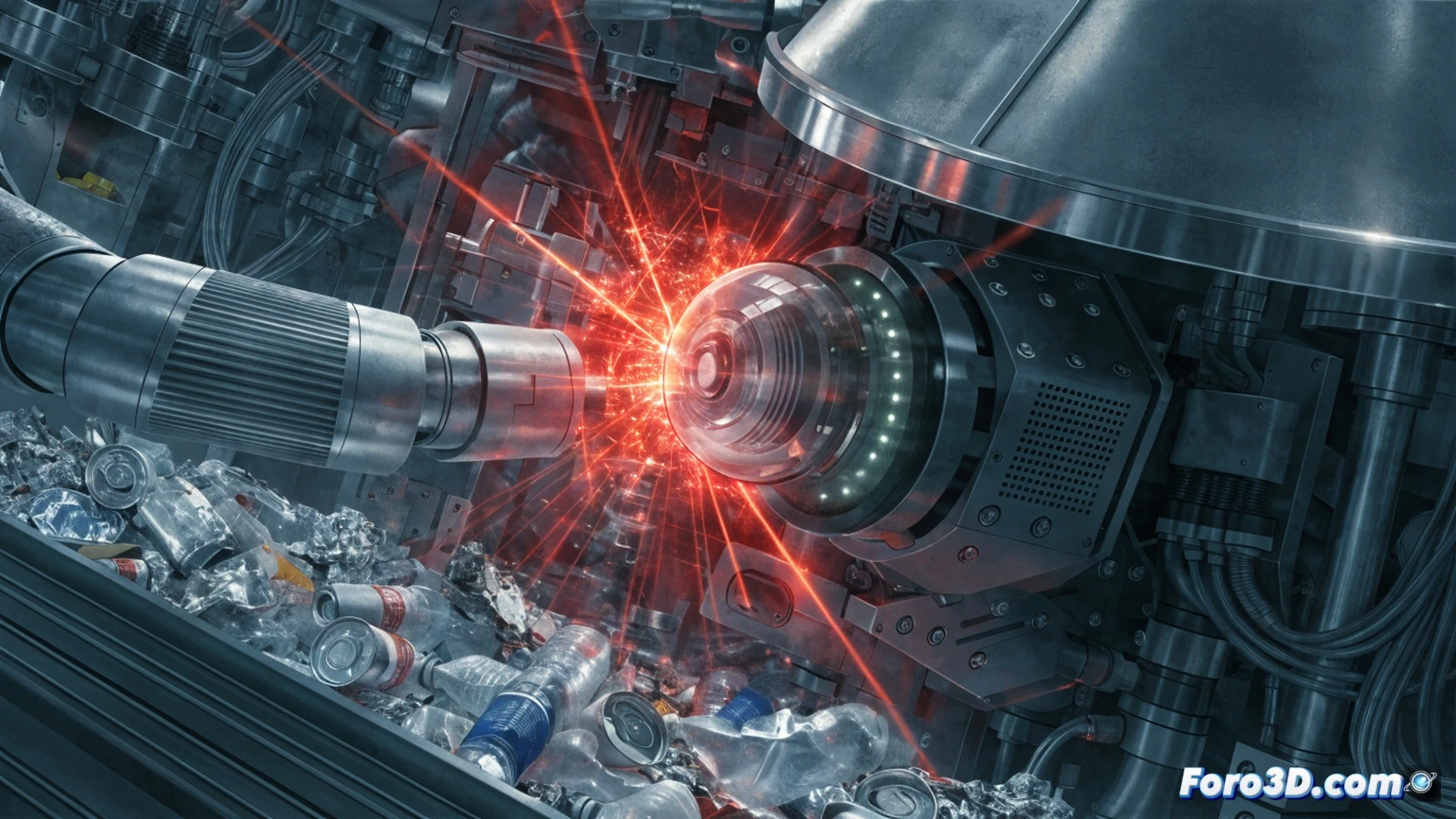 Industrial robotic arm with optical sensor array at a recycling plant, laser pulses striking the sensor lens causing blinding glare and false readings, mixed plastic and metal waste on conveyor belt mixing incorrectly, sparks from misaligned sorting mechanism, glowing red laser source hidden behind ventilation grille, cinematic photorealistic engineering visualization, dramatic shadows and intense light beams, metallic surfaces with dust particles, high-contrast industrial lighting, detailed mechanical components and sensor housing
