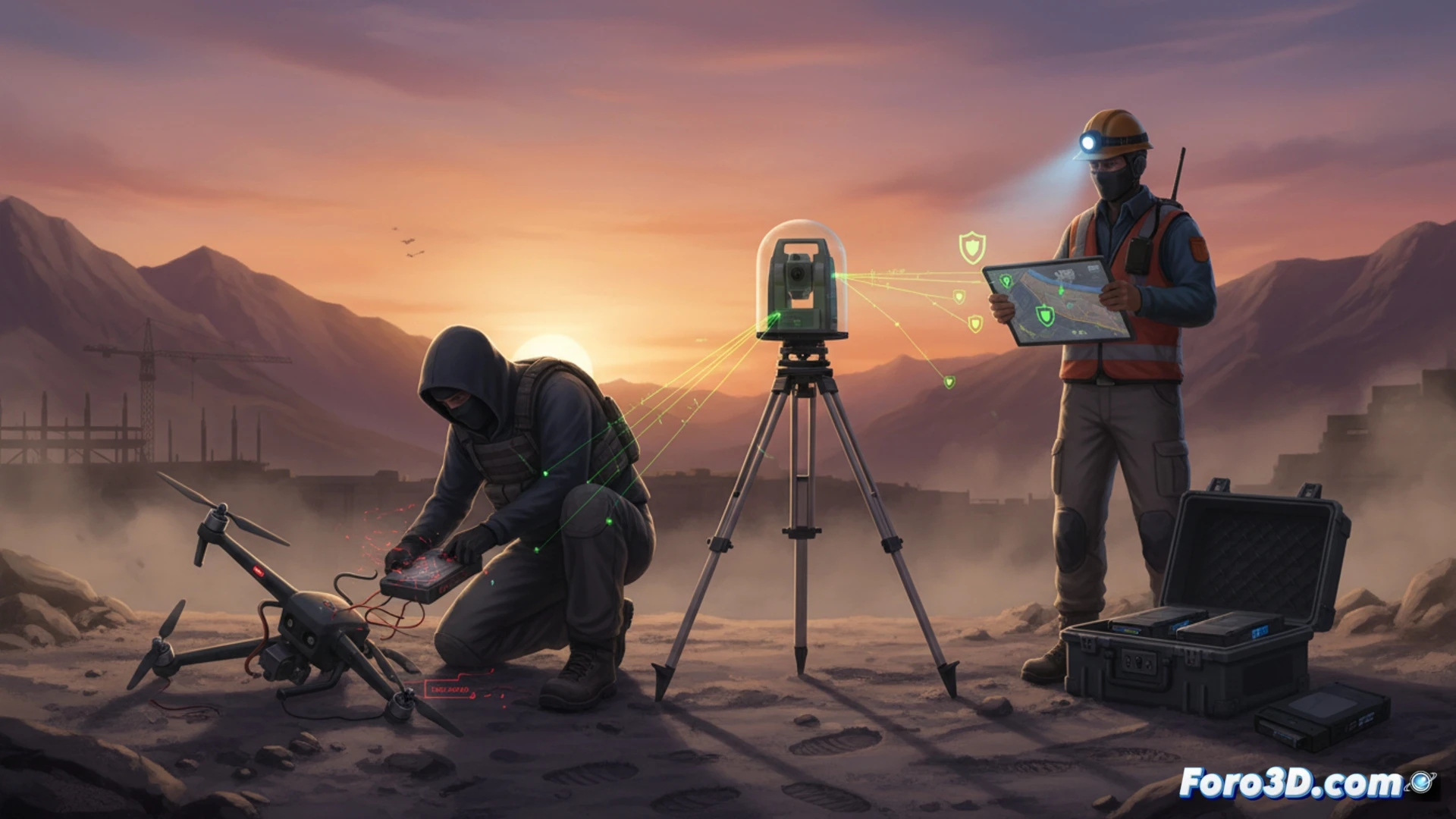 Técnico revisando equipo topográfico con chip de seguridad en campo, drones y estación total al fondo