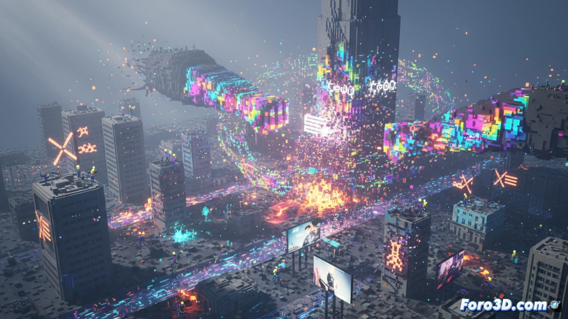 Cubos pixelados de colores vibrantes forman un puño levantado sobre un paisaje digital en ruinas, símbolo de protesta voxel.