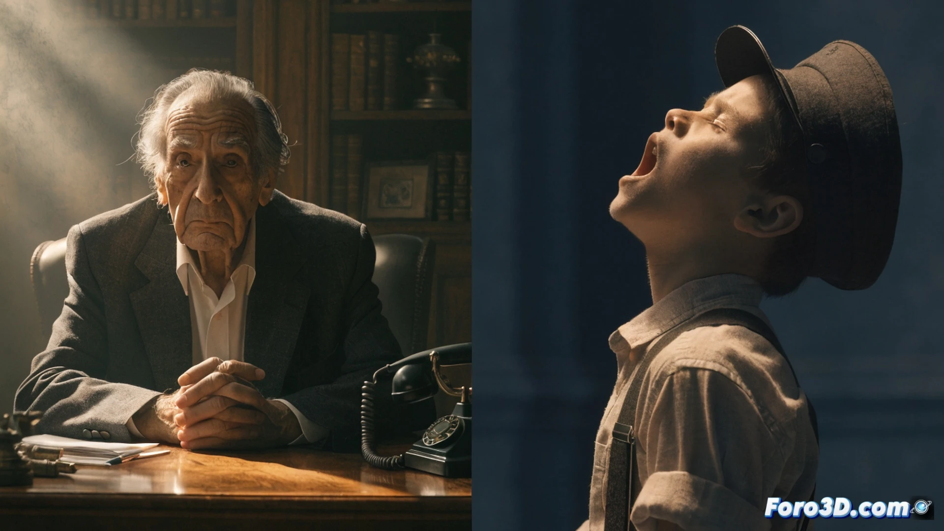 theatrical stage set during a tense rehearsal, elderly actor José Sacristán in costume as Fernando Fernán Gómez standing under a single harsh spotlight, his hands gripping a weathered script while a shadowy choirboy figure in the background raises an arm in a fascist salute, old wooden school desks and a crucifix visible on the dimly lit set, cinematic photorealistic style, deep chiaroscuro lighting, dust particles suspended in the beam, textured stage floor, vintage theatrical props, dramatic contrast between illuminated actor and dark authoritarian silhouette, emotional tension captured in the actor s furrowed brow and clenched jaw