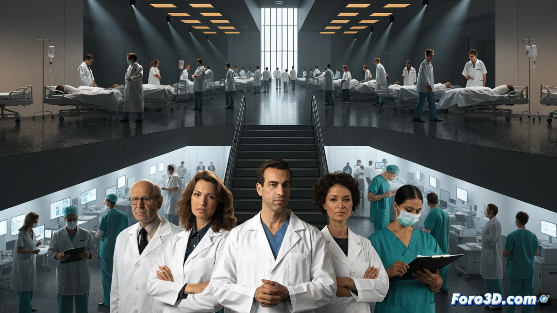 Plan de verano sanitario en Castilla y León, más de seis mil profesionales sanitarios entrando simultáneamente a un gran hospital modular, médicos y enfermeros con batas blancas y uniformes azul oscuro portando tabletas clínicas y estetoscopios, fondo de pasillos iluminados con luz fría y paneles de monitoreo de pacientes, mostrando el proceso de absorción de demanda turística y cobertura de vacaciones, flujo ordenado de personal hacia consultas y urgencias, cinematic photorealistic technical illustration, alta saturación de color, enfoque nítido en rostros y manos, sensación de eficiencia y control asistencial.