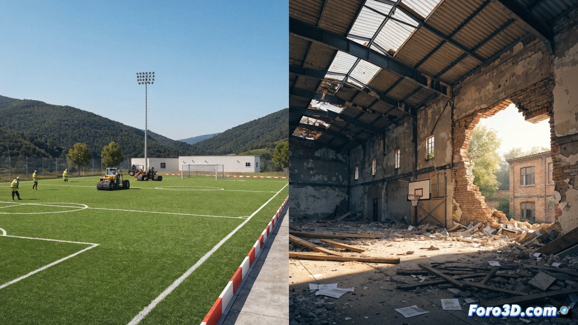 new football field construction site with excavators digging foundations, contrast with decaying sports pavilion in background showing cracked walls and broken windows, municipal budget documents scattered on table in foreground, European Union flags on construction fence, dramatic aerial perspective, photorealistic architectural visualization, golden hour lighting highlighting the disparity between new and old structures, construction workers in safety vests while dust particles float in air, engineering blueprint roll partially unrolled showing field layout, technical illustration style, ultra-detailed textures of concrete and steel