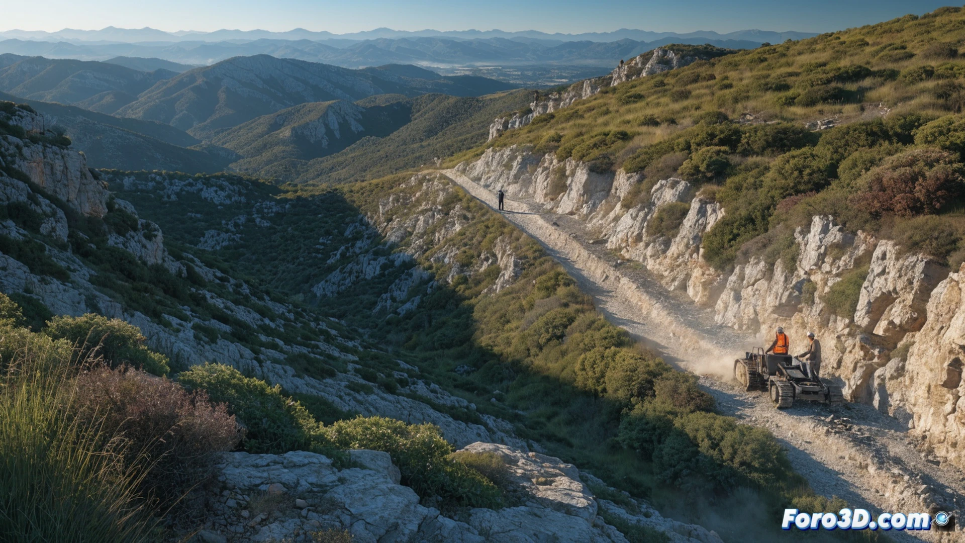 forest firebreak maintenance operation on Romeu mountain slope, workers in high-visibility orange suits and helmets clearing dry brush with chainsaws and brushcutters, tractor with mulching attachment shredding thicket, pile of cut branches and logs being loaded into dump truck, panoramic view of cleared 10-hectare corridor with pruned cork oaks and trimmed undergrowth, Mediterranean coastal landscape visible in background, bright afternoon sunlight casting sharp shadows, technical documentation style, photorealistic aerial perspective, action captured mid-operation, safety cones and warning signs along the dirt access road, precise forestry engineering visualization