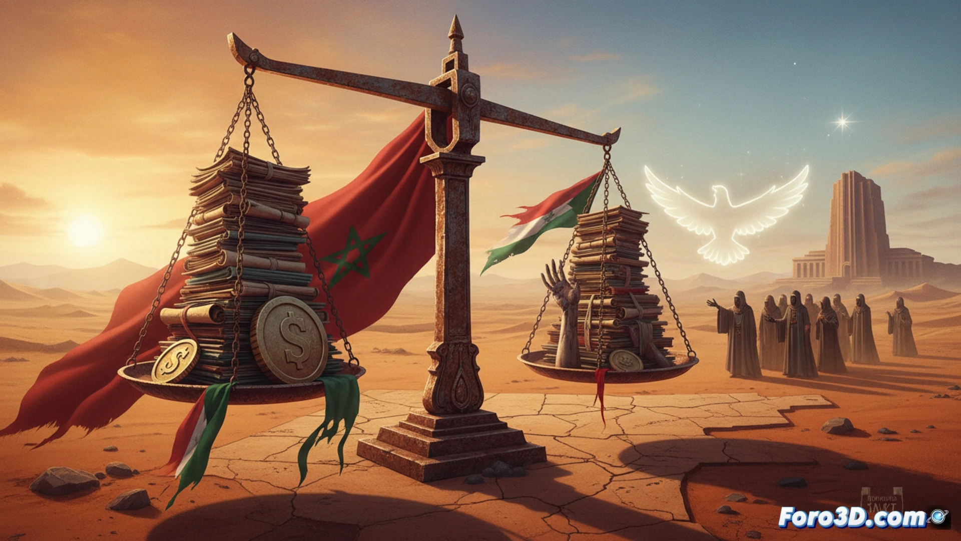 Spanish diplomat in suit signing document with red wax seal on a desk, while a Sahrawi person in traditional desert clothing stands outside a barred window, hands pressed against glass, Moroccan flag and EU flag on table, torn UN resolution paper on floor, cold blue office lighting contrasting with warm desert sunset outside, photorealistic cinematic style, high contrast shadows, political tension visual metaphor, hyperdetailed textures of fabric and paper, dramatic chiaroscuro lighting, wide-angle lens composition